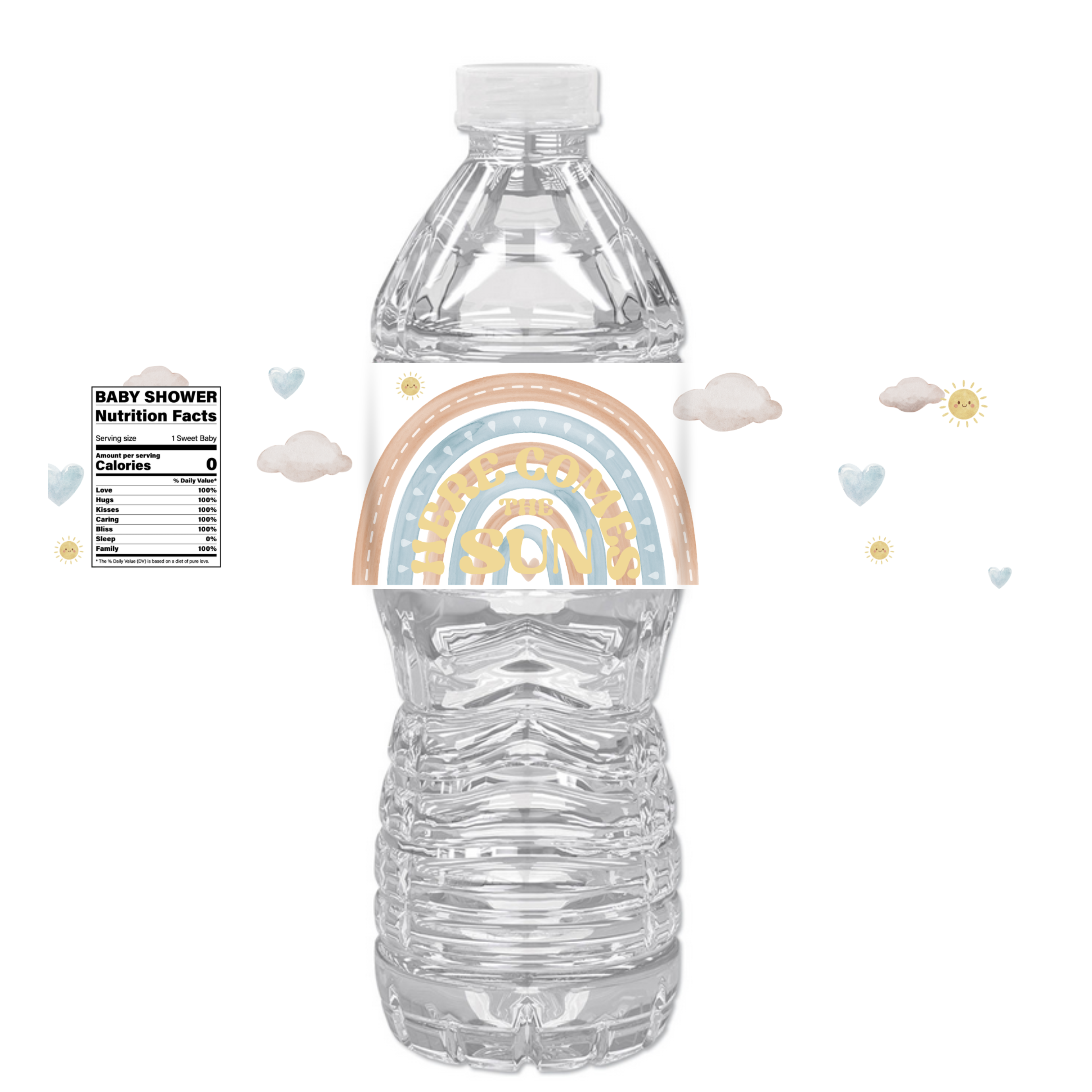 Here Comes The Sun Water Bottle Labels | Baby Shower Theme | Pastel Rainbow Design | 12 PCS | Glossy