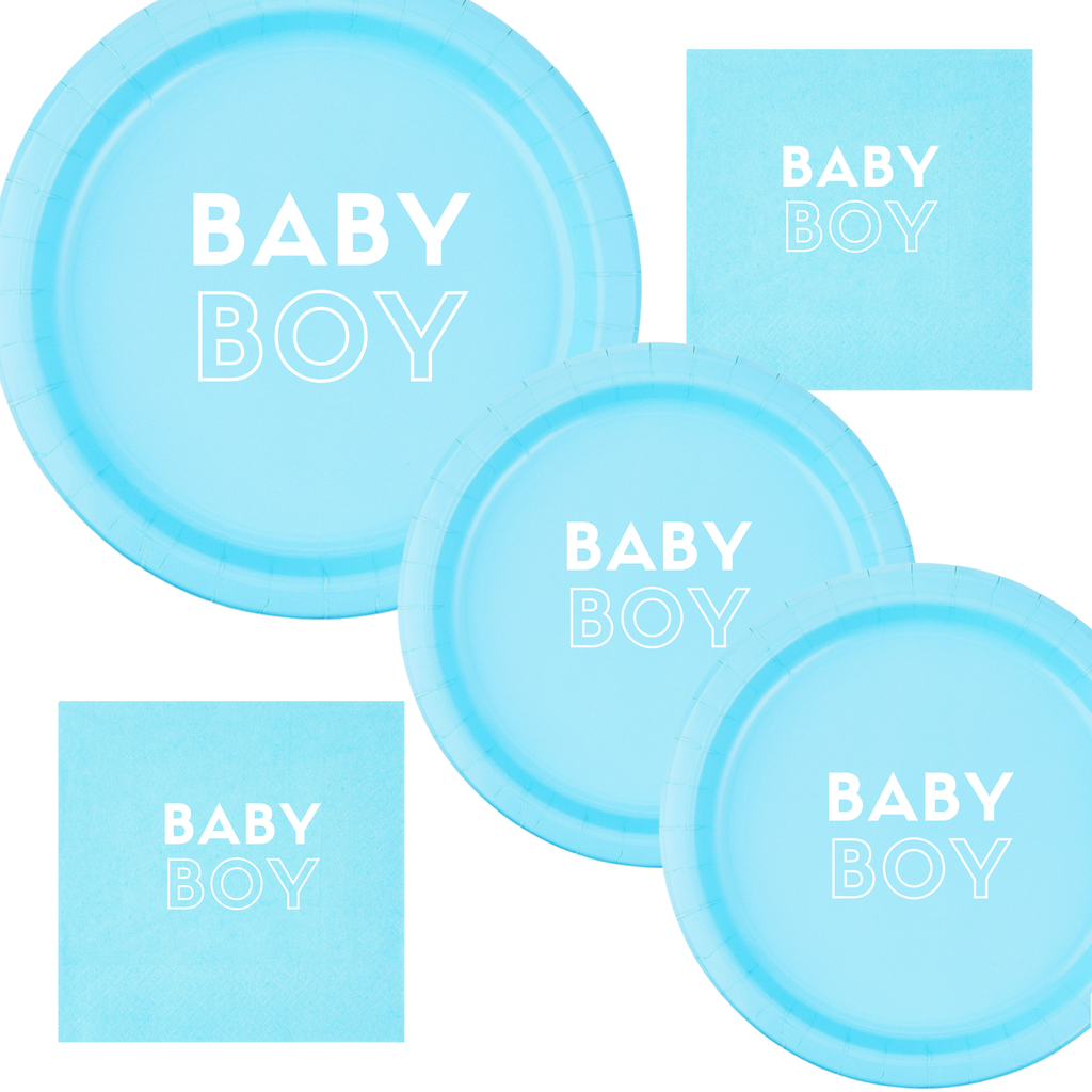 Baby Boy Shower Tableware Set | Blue Plates with White Font | Baby Shower Dinner Plates Dessert Plates & Napkins | 45 Piece