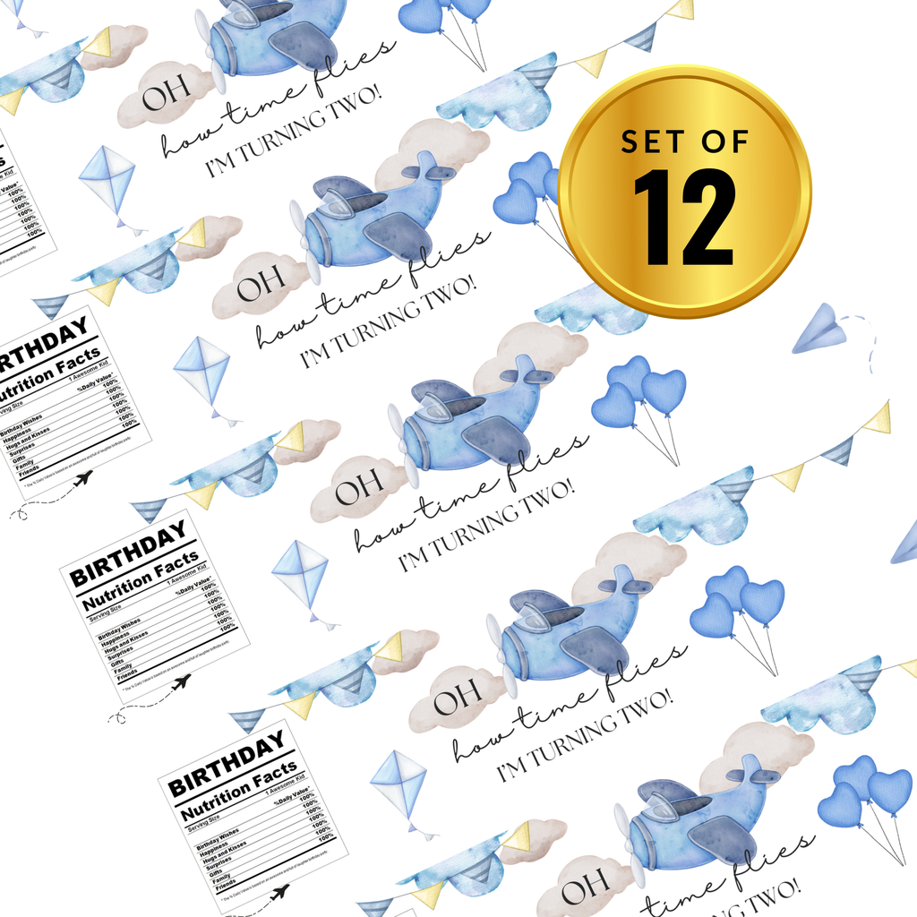 Oh How Time Flies, I'm Turning Two Water Bottle Labels | Boys 2nd Birthday Favors| 12 PCS | Glossy