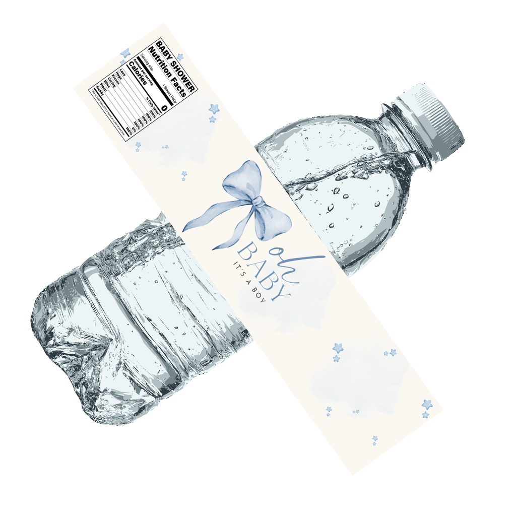 Oh Baby It Is a Boy Water Bottle Labels | Blue Ribbon Design | 12 PCS | Glossy