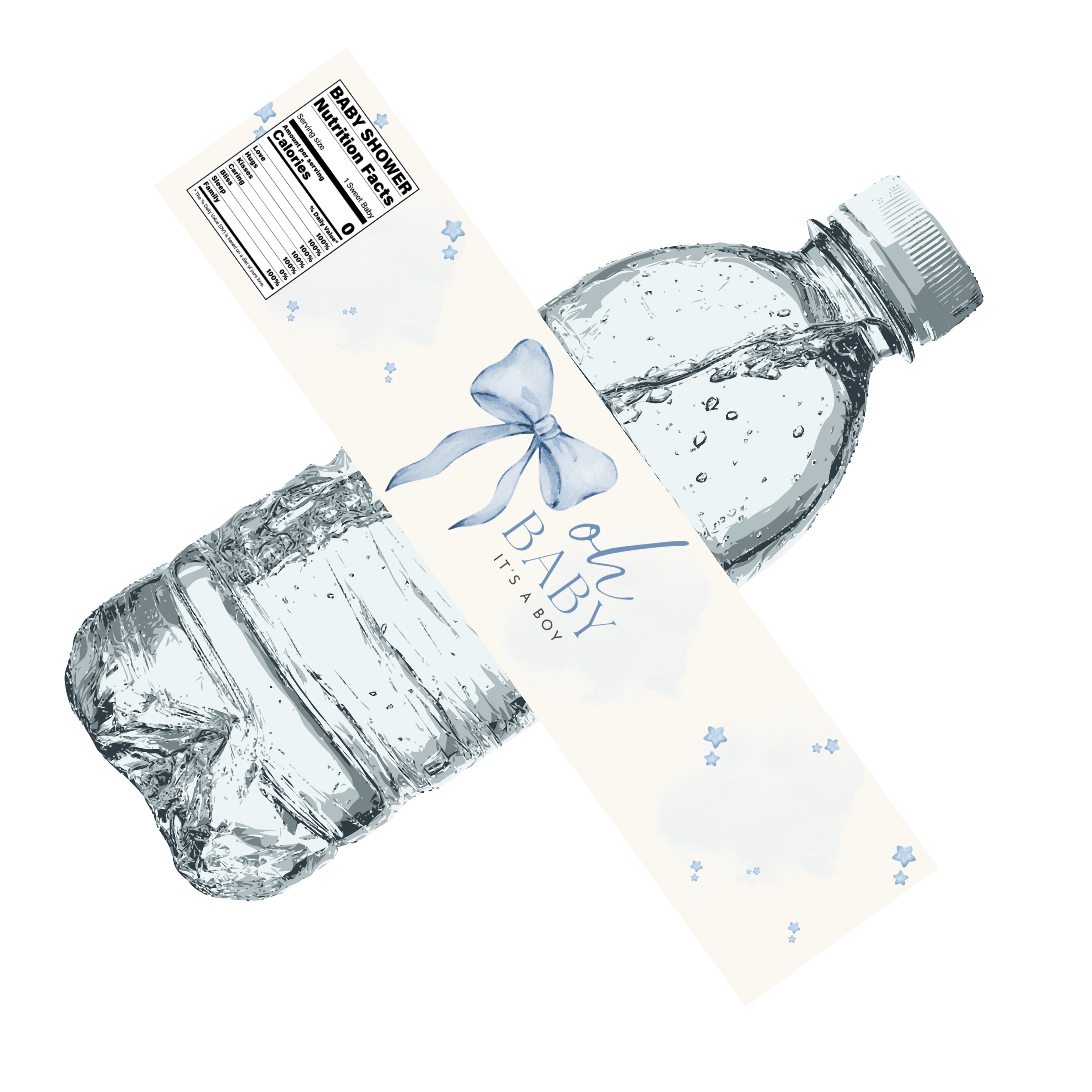 Oh Baby It Is a Boy Water Bottle Labels | Blue Ribbon Design | 12 PCS | Glossy