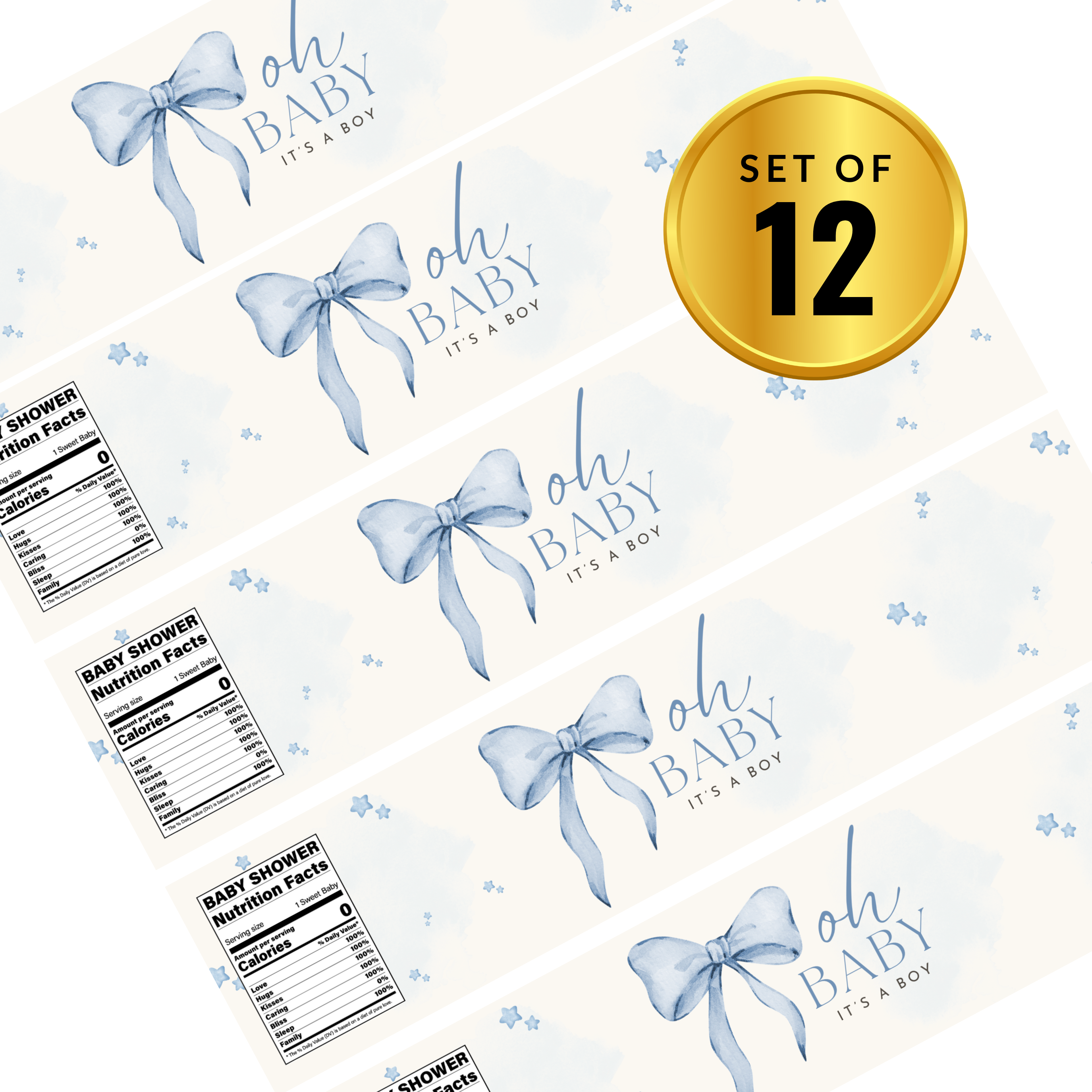 Oh Baby It Is a Boy Water Bottle Labels | Blue Ribbon Design | 12 PCS | Glossy