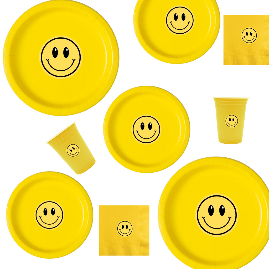 Yellow Smiley Birthday | Disposable Plates Set | Happy Party Decor | Cheerful Face Theme | Matching Table Supplies