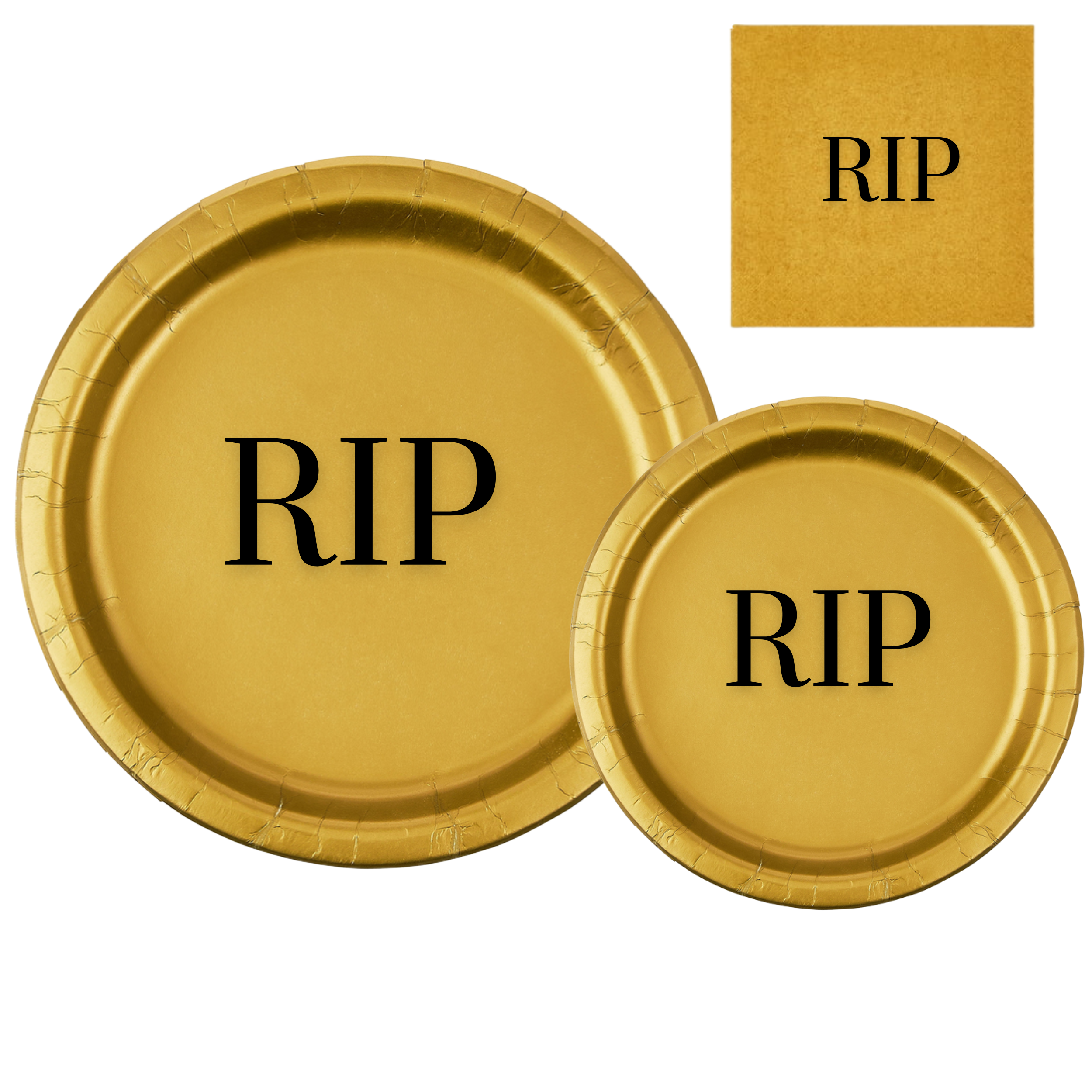 RIP Memorial Tableware Set | Gold Plates with Black Font | Memorial Dinner Plates Dessert Plates & Napkins | 45 Piece