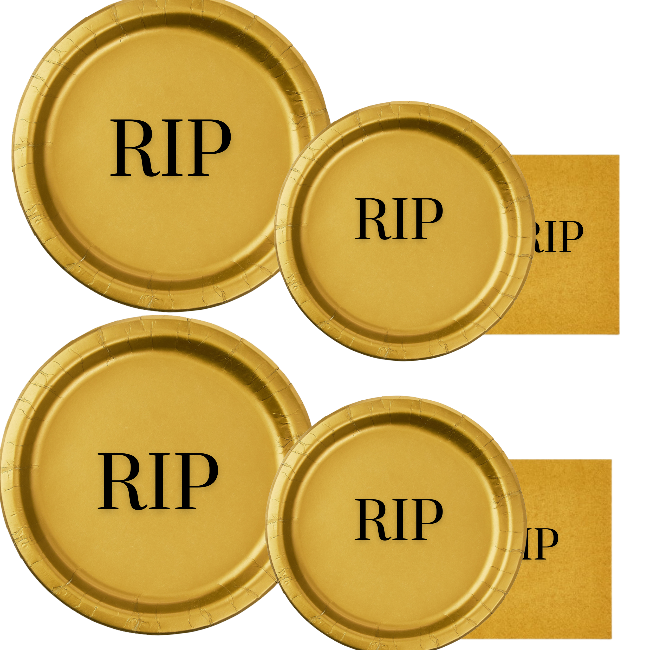 RIP Memorial Tableware Set | Gold Plates with Black Font | Memorial Dinner Plates Dessert Plates & Napkins | 45 Piece