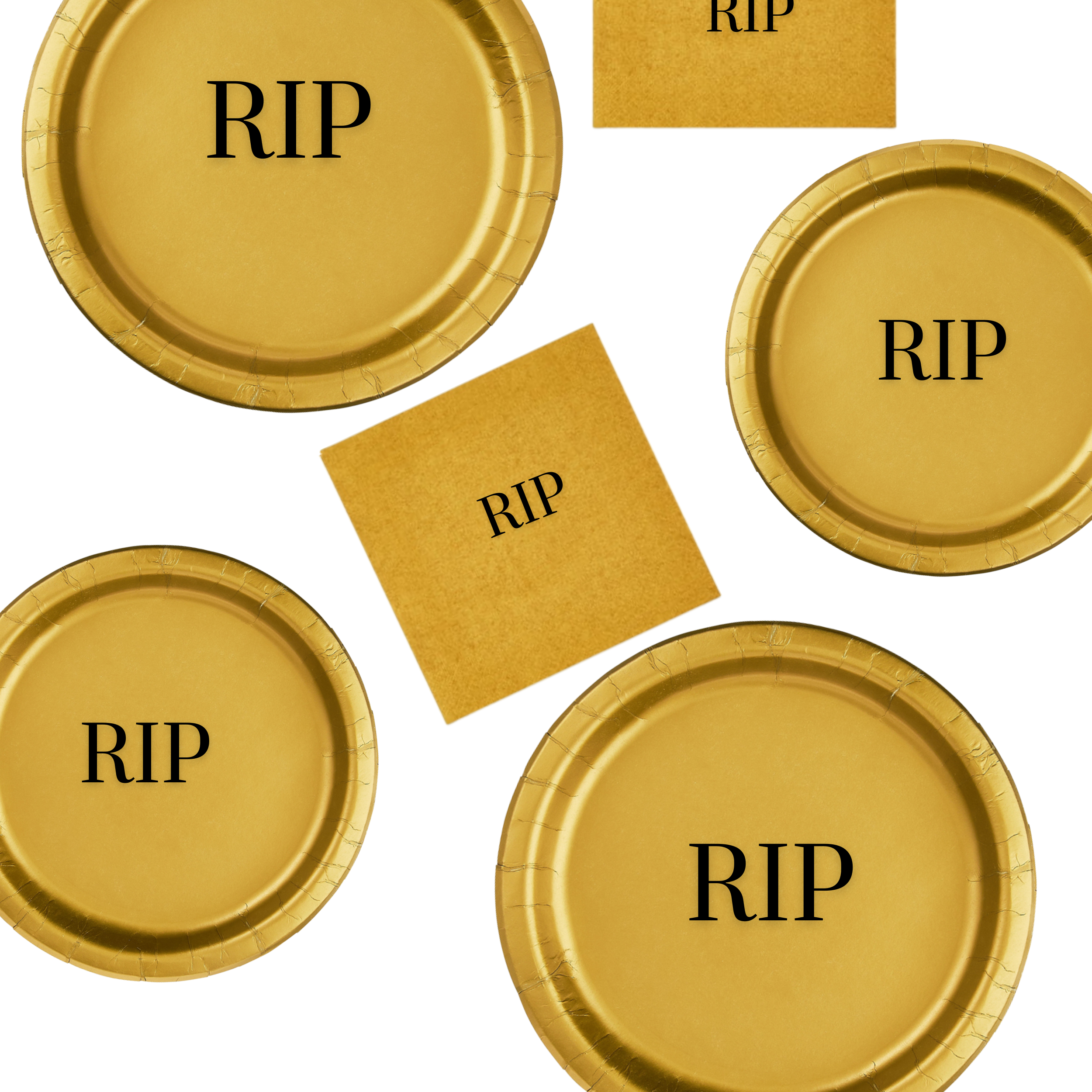 RIP Memorial Tableware Set | Gold Plates with Black Font | Memorial Dinner Plates Dessert Plates & Napkins | 45 Piece