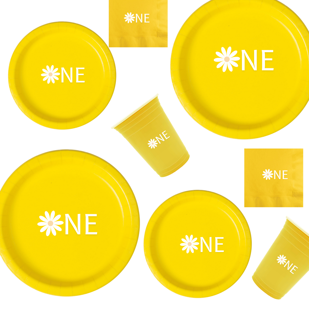 One First Birthday Tableware Set | Yellow Floral Plates & Napkins with White