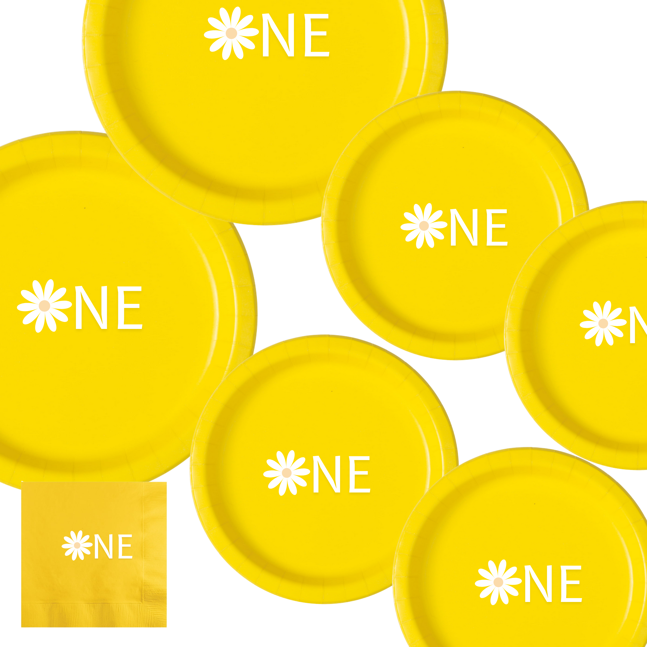 One First Birthday Tableware Set | Yellow Floral Plates & Napkins with White