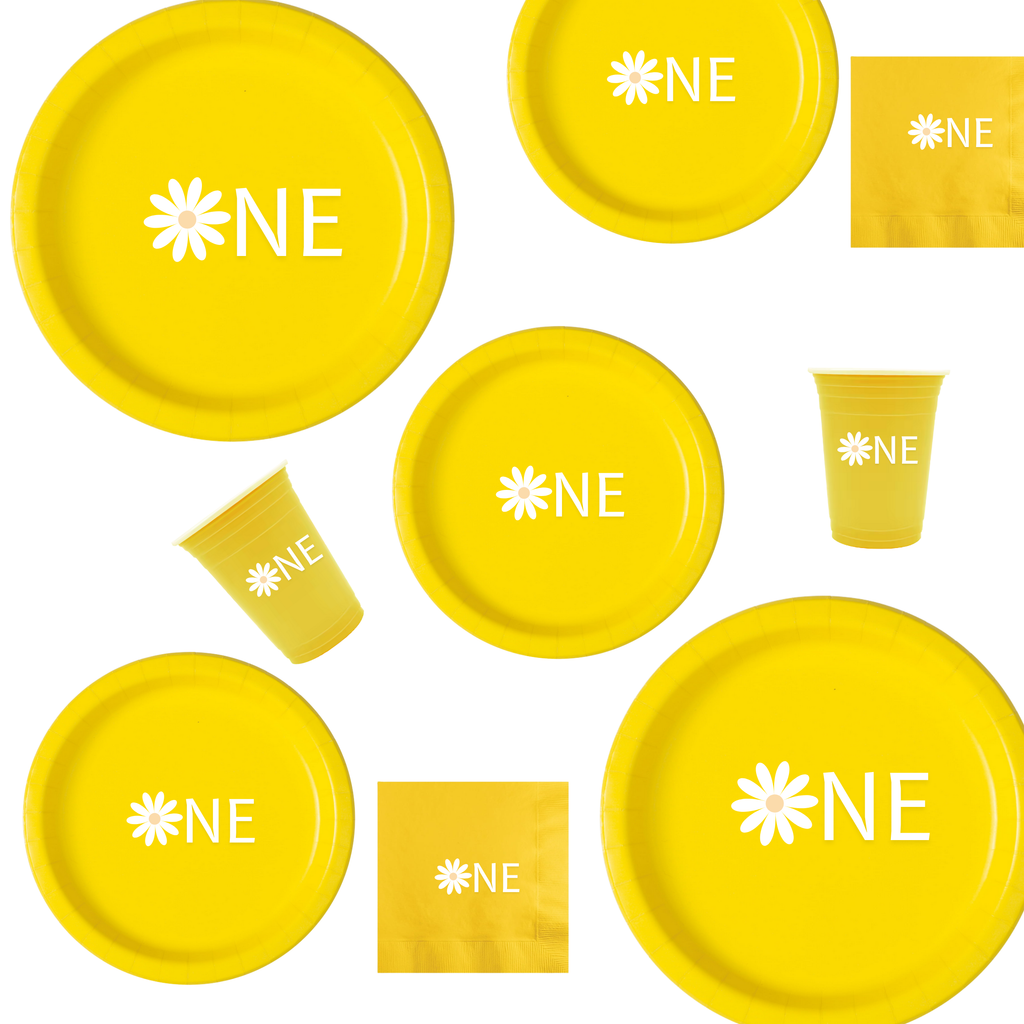 One First Birthday Tableware Set | Yellow Floral Plates & Napkins with White