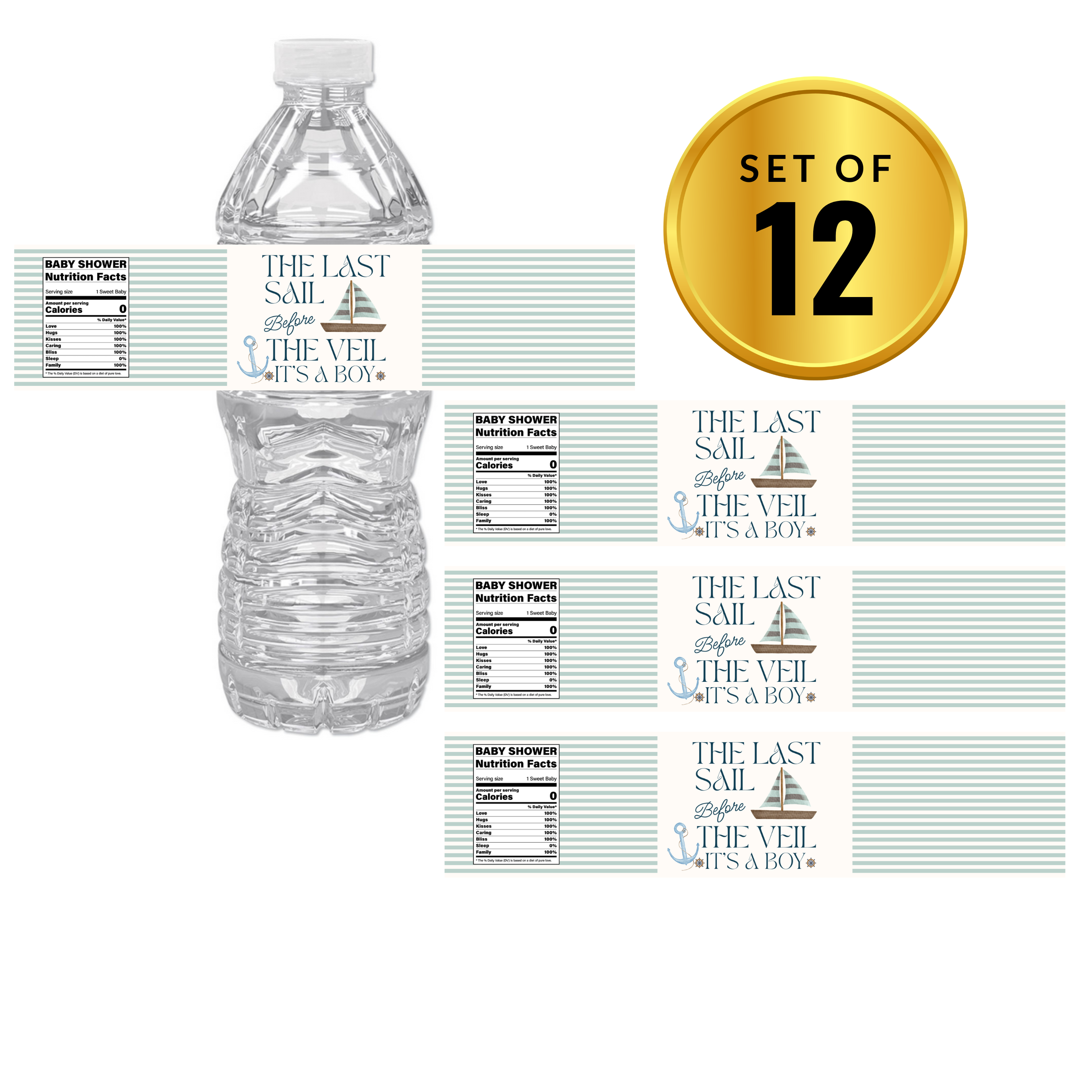 The Last Sail Before the Veil It’s a Boy Water Bottle Labels | Nautical Baby Shower Theme | Sailboat Design | 12 PCS | Glossy