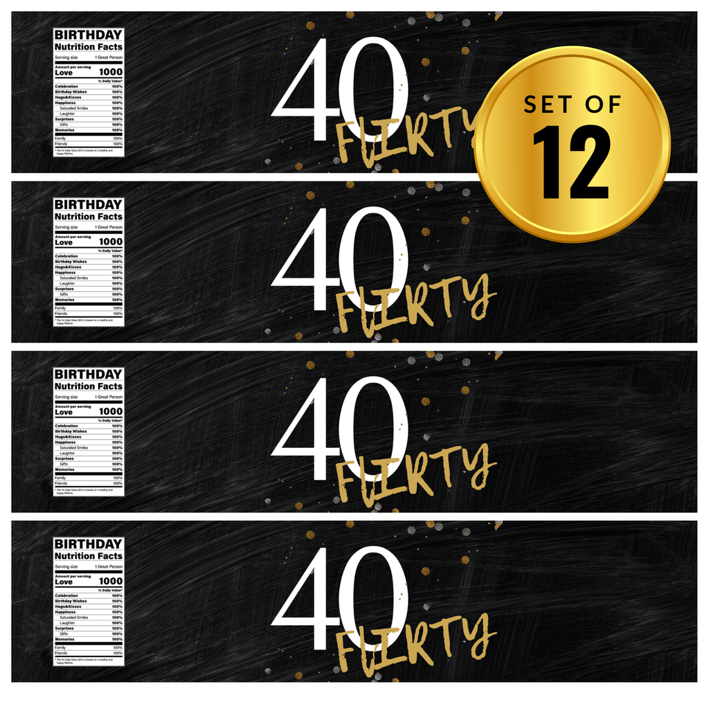 40 Flirty| 40th Birthday Water Bottle Labels | Set Of 12 | Bold 40 Design | Drink Wraps| Milestone Favors