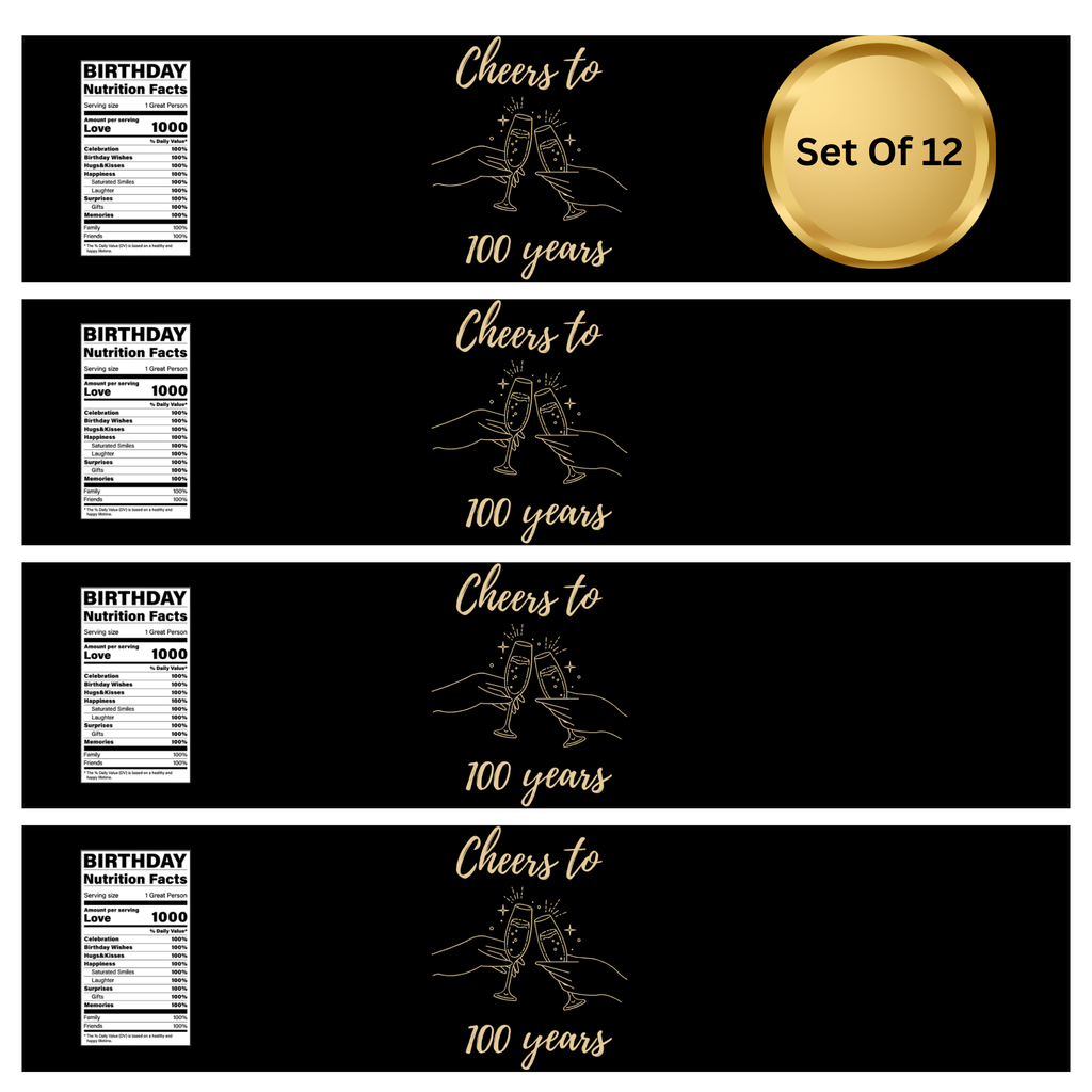 100th Birthday Water Bottle Labels |Personalized | Cheers To 100 Years|  Set of 12 | Drink wraps