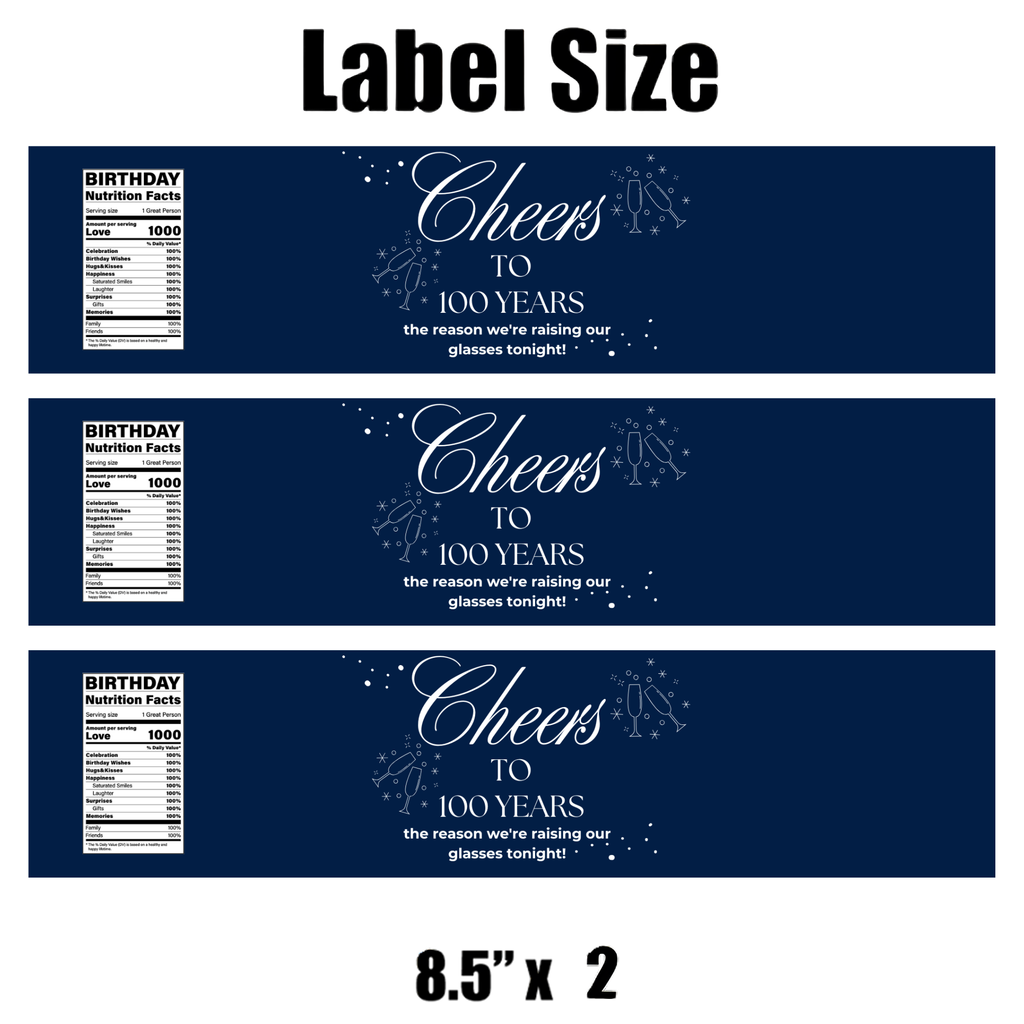 Cheers To 100 | Years Birthday Water | Bottle Labels Custom | 100th Celebration Decor | Party Drink Labels |  Milestone Drink Wraps