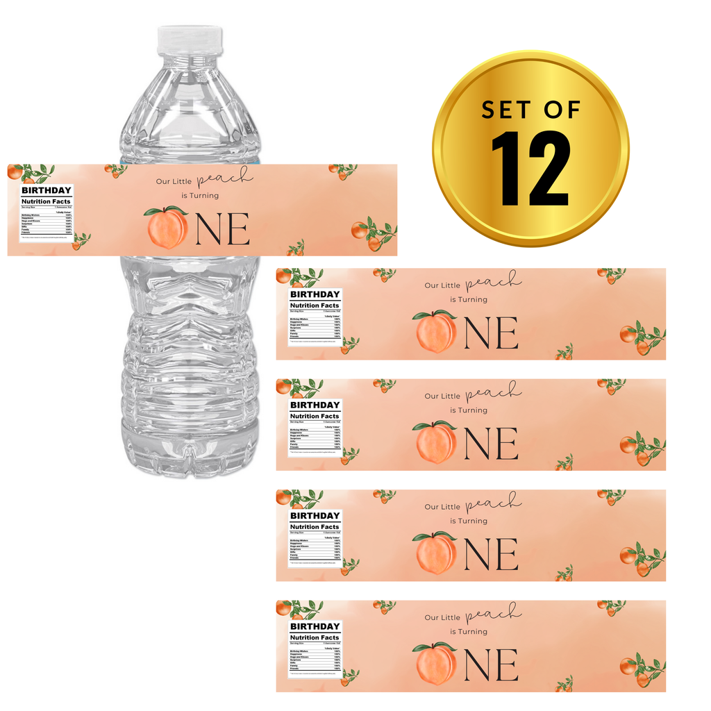 Our Little Peach Is Turning One Water Bottle Labels | 1st Birthday Peach Theme | Sweet Peach Design | 12 PCS | Glossy