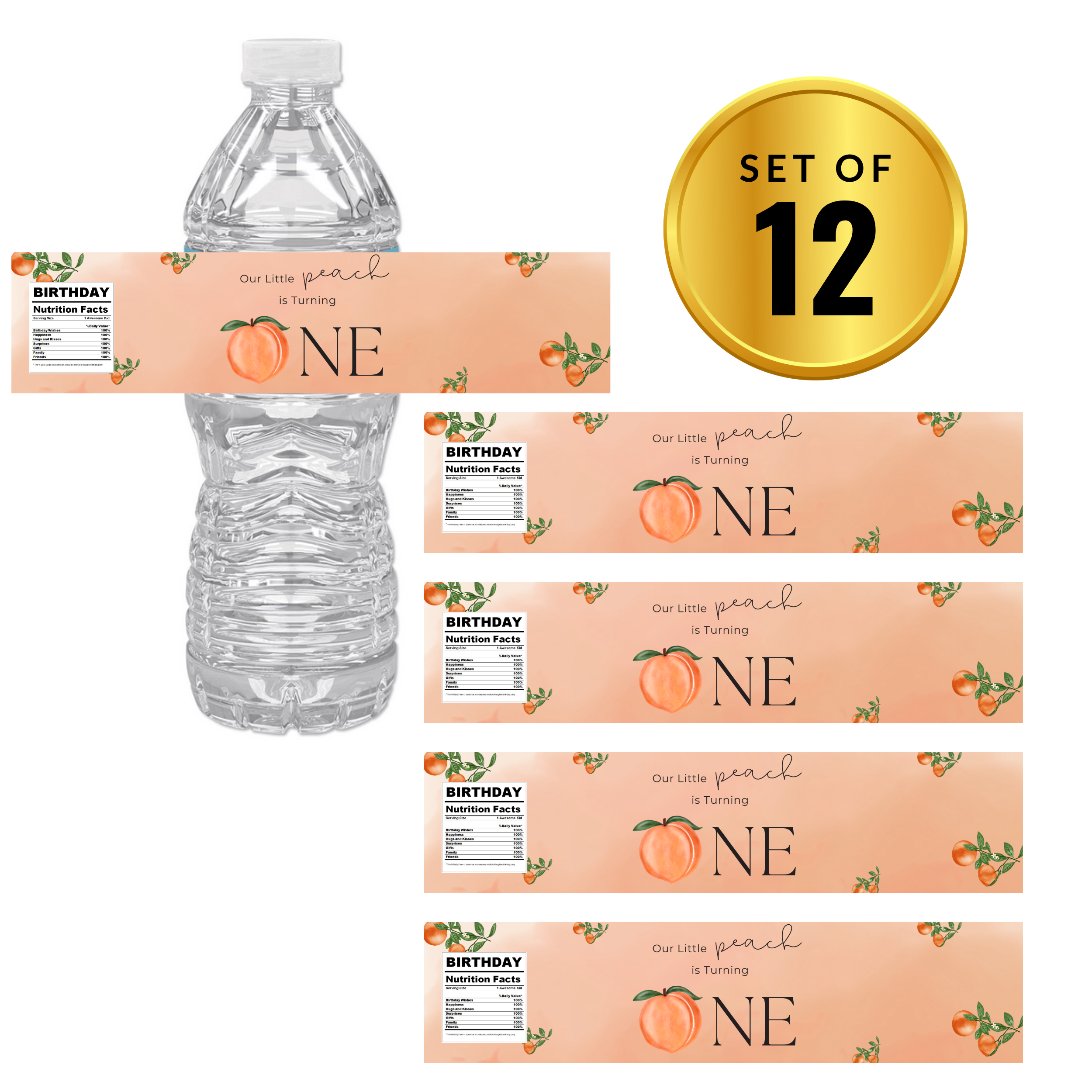 Our Little Peach Is Turning One Water Bottle Labels | 1st Birthday Peach Theme | Sweet Peach Design | 12 PCS | Glossy