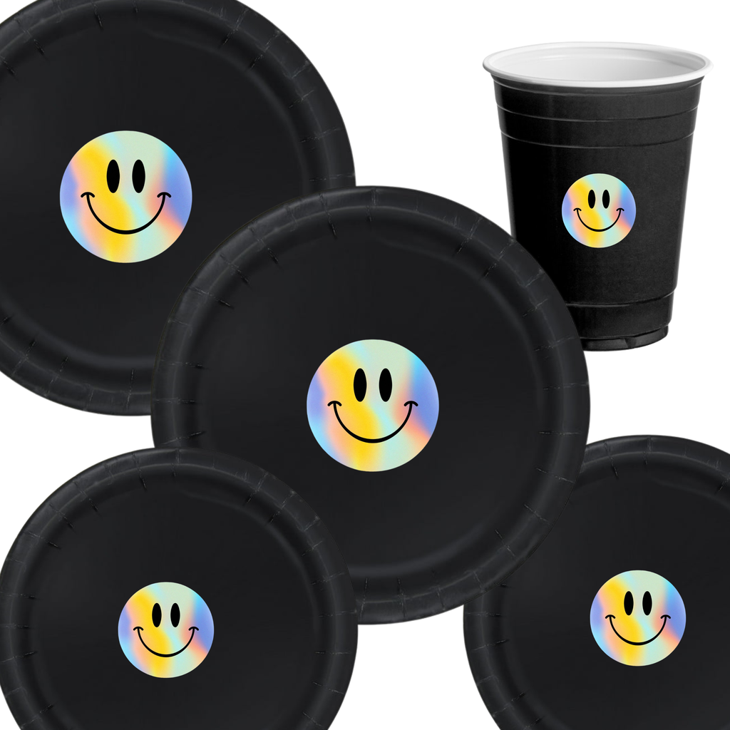 Holographic Smile Party | Disposable Plates Set | Happy Birthday Decor | Shimmer Face Theme | Matching Party Supplies