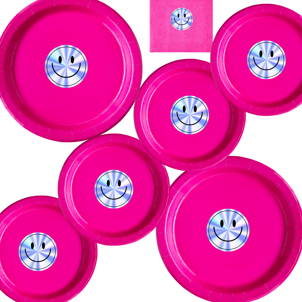 Holographic Smiley Birthday | Disposable Plates Set | Happy Party Decor | Shimmer Face Theme | Matching Table Supplies