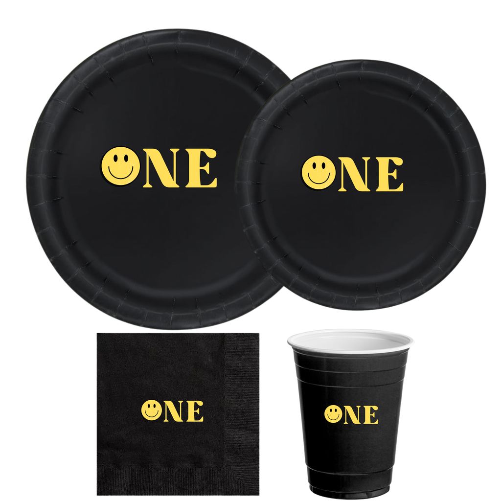 One First Birthday Tableware Set | Black Plates with Yellow Smiley Face | 1st Birthday Party Plates Cups & Napkins | 60 Piece