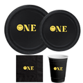 One First Birthday Tableware Set | Black Plates with Yellow Smiley Face | 1st Birthday Party Plates Cups & Napkins | 60 Piece