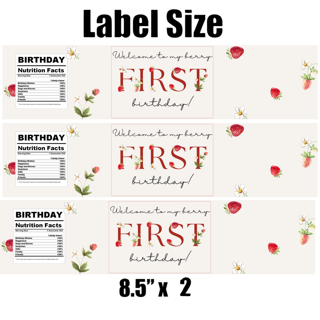 My Berry First Birthday Water Bottle Labels | Strawberry and Berry Theme | 1st Birthday Party Decor | 12 PCS | Glossy