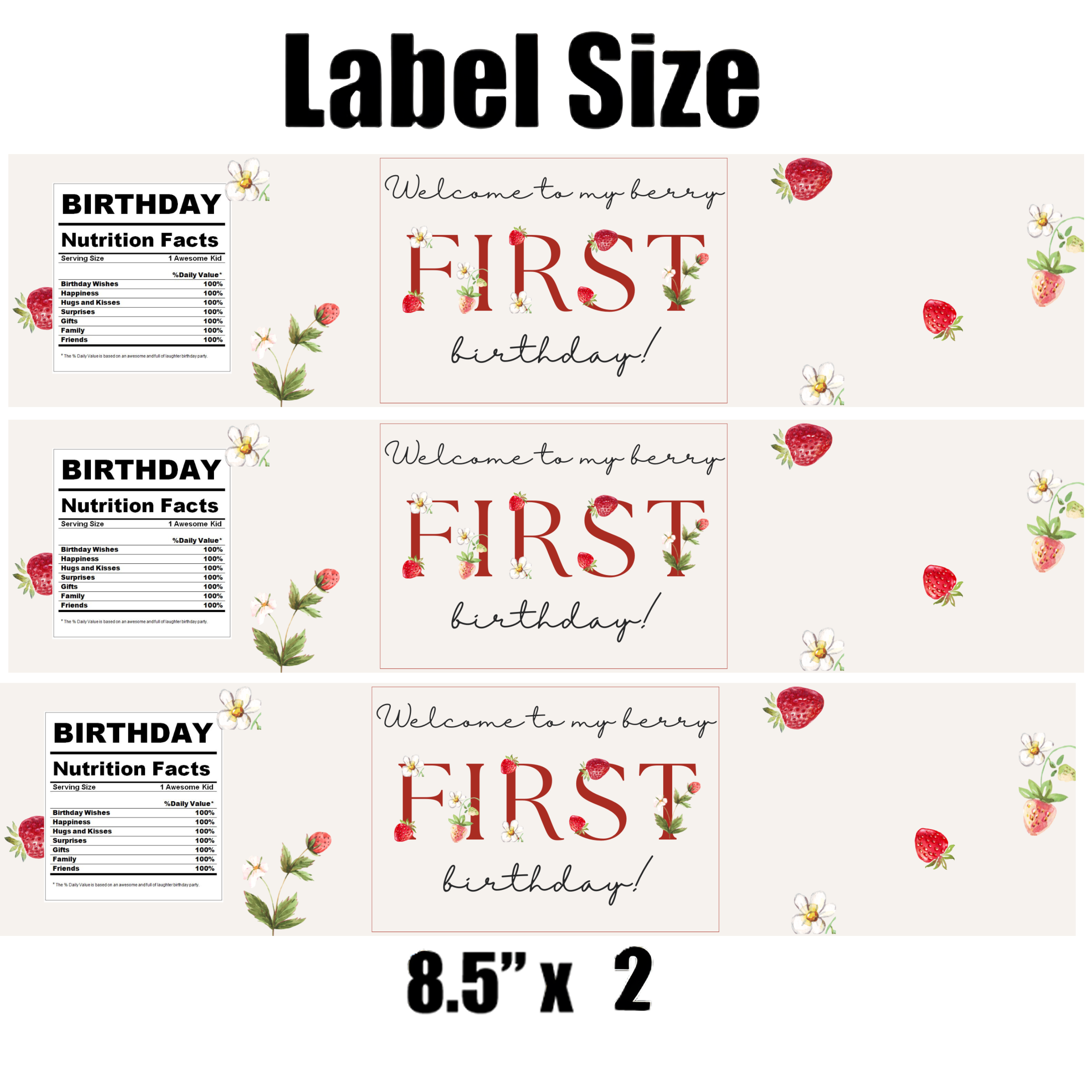 My Berry First Birthday Water Bottle Labels | Strawberry and Berry Theme | 1st Birthday Party Decor | 12 PCS | Glossy