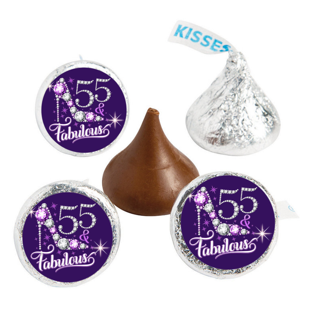 55 And Fabulous Elegant Candy Labels | Mini Kiss Stickers | Chocolate Candy Favors | Glossy | Milestone Table Party Accent| 100ct