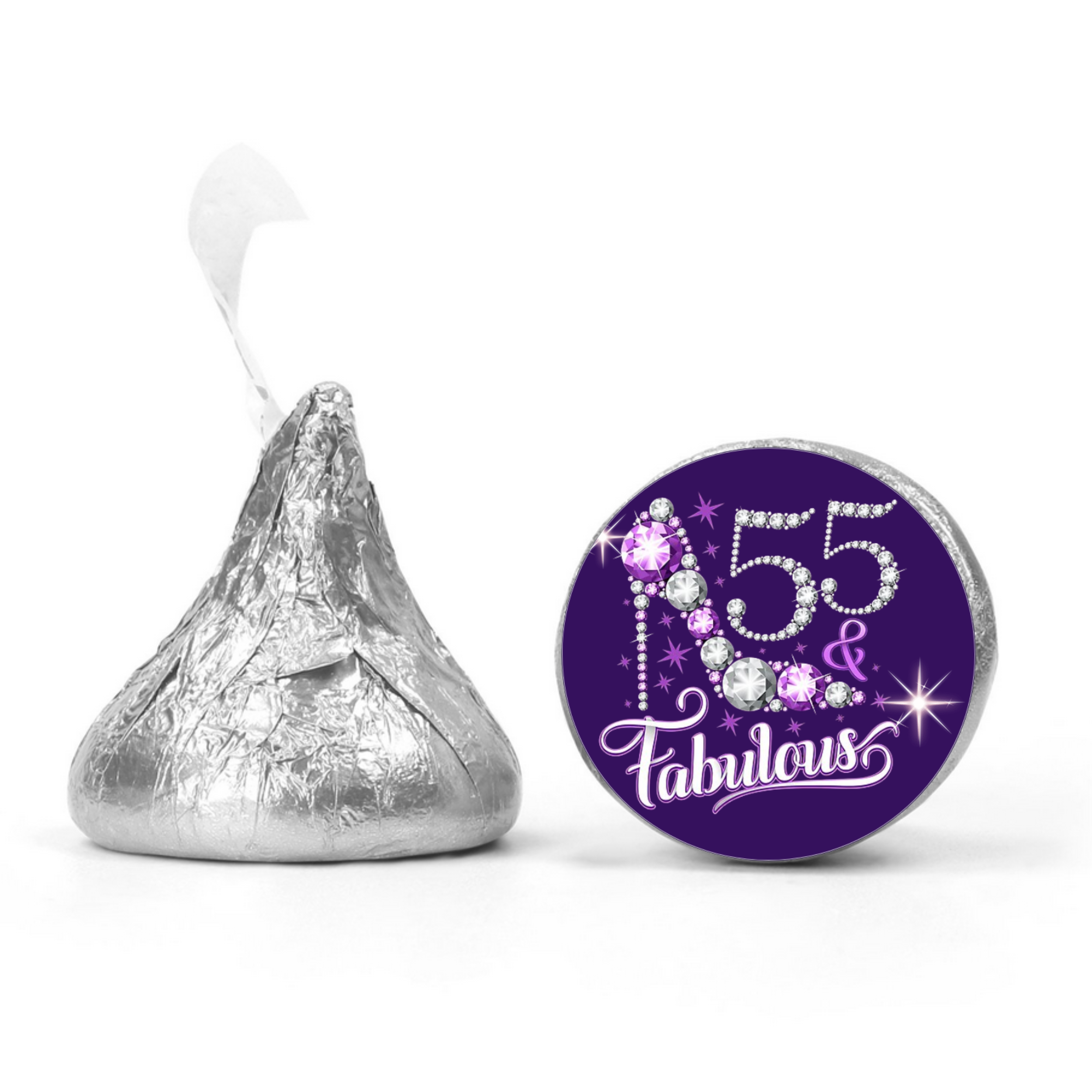 55 And Fabulous Elegant Candy Labels | Mini Kiss Stickers | Chocolate Candy Favors | Glossy | Milestone Table Party Accent| 100ct