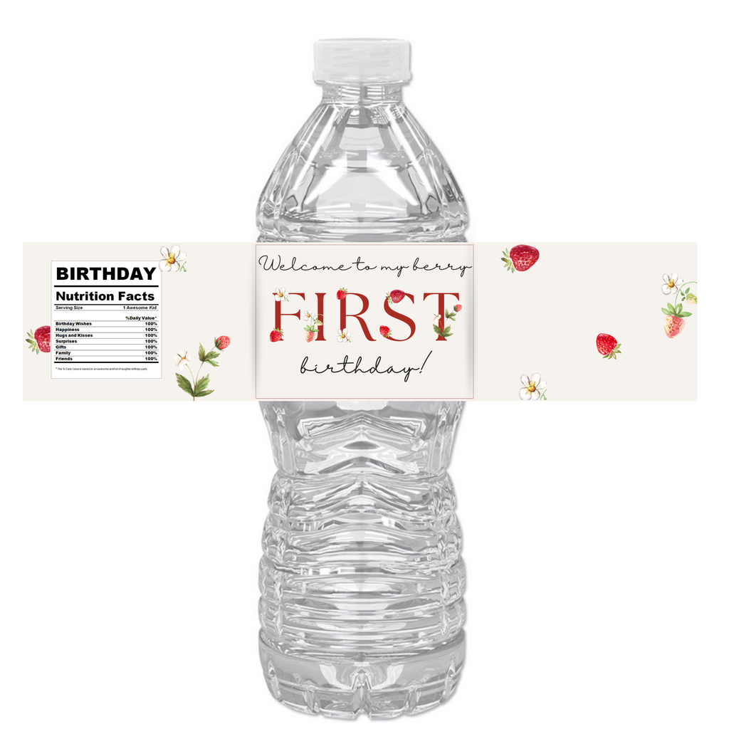 My Berry First Birthday Water Bottle Labels | Strawberry and Berry Theme | 1st Birthday Party Decor | 12 PCS | Glossy