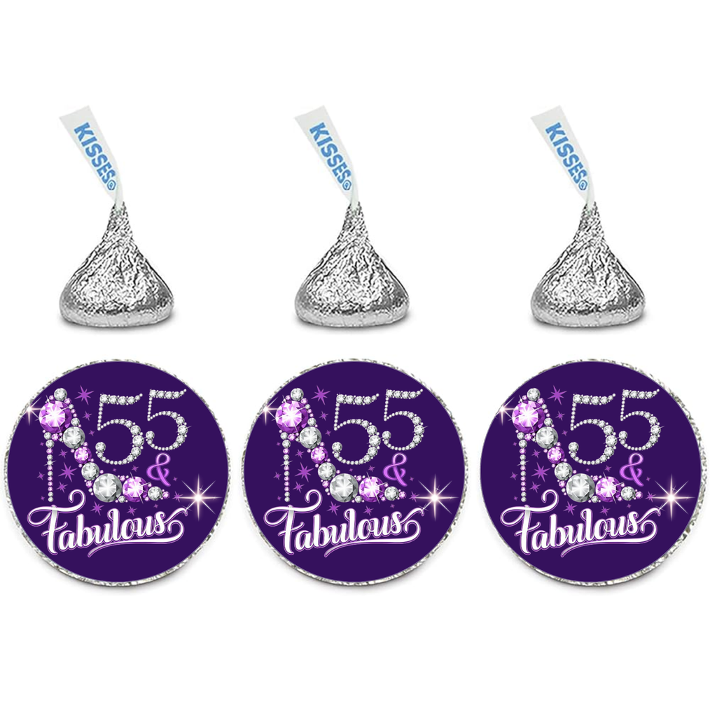55 And Fabulous Elegant Candy Labels | Mini Kiss Stickers | Chocolate Candy Favors | Glossy | Milestone Table Party Accent| 100ct