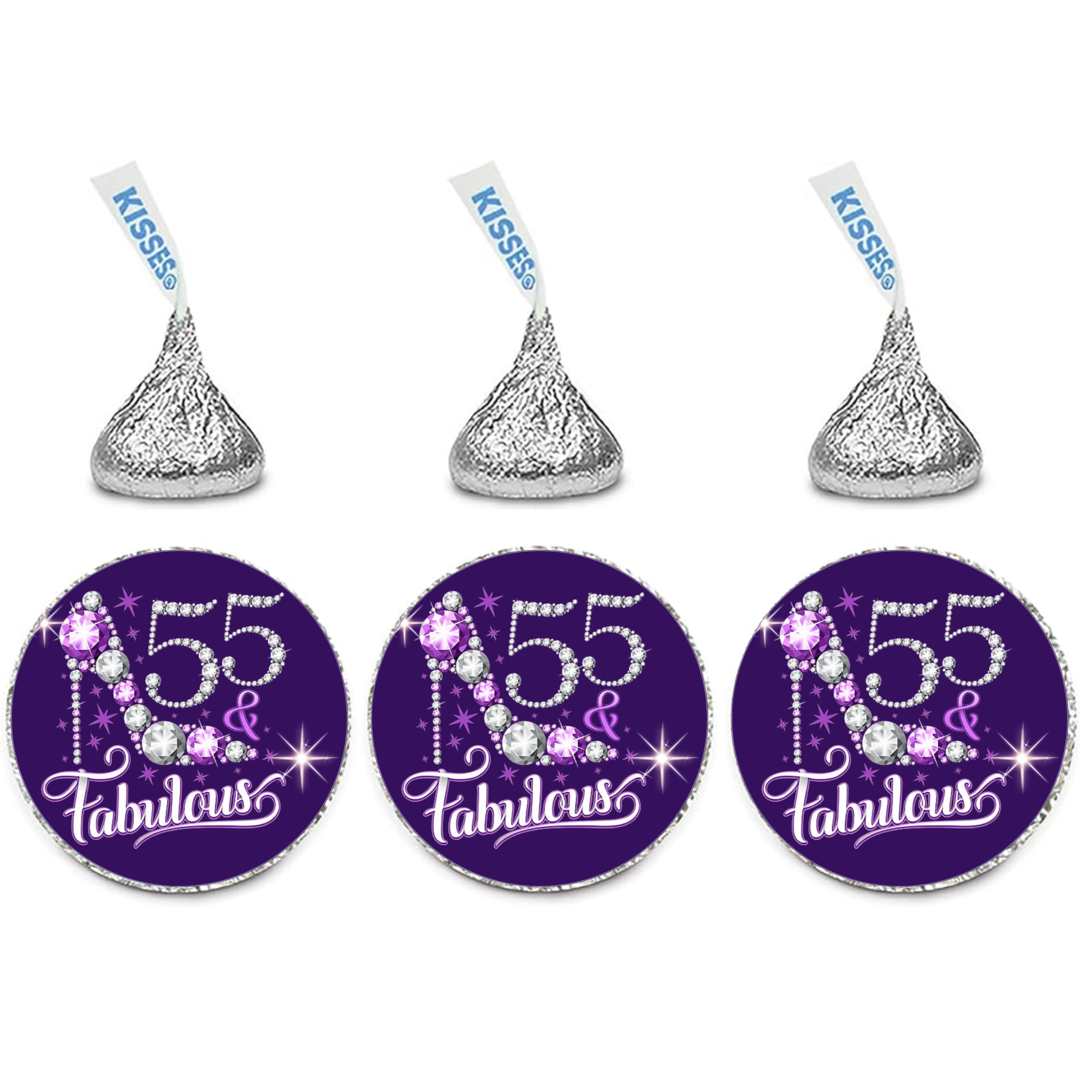 55 And Fabulous Elegant Candy Labels | Mini Kiss Stickers | Chocolate Candy Favors | Glossy | Milestone Table Party Accent| 100ct