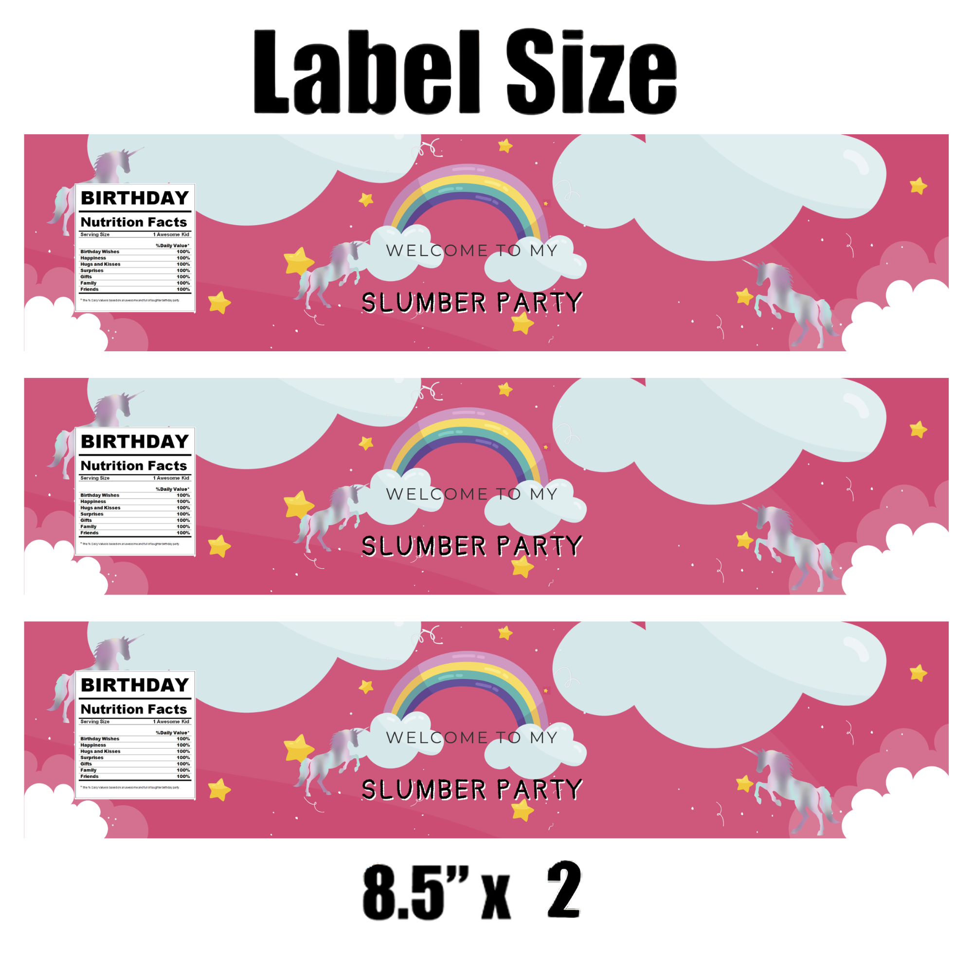 Welcome To My Slumber Party Water Bottle Labels |Glossy | 12ct| Durable| Cloud and Rainbows