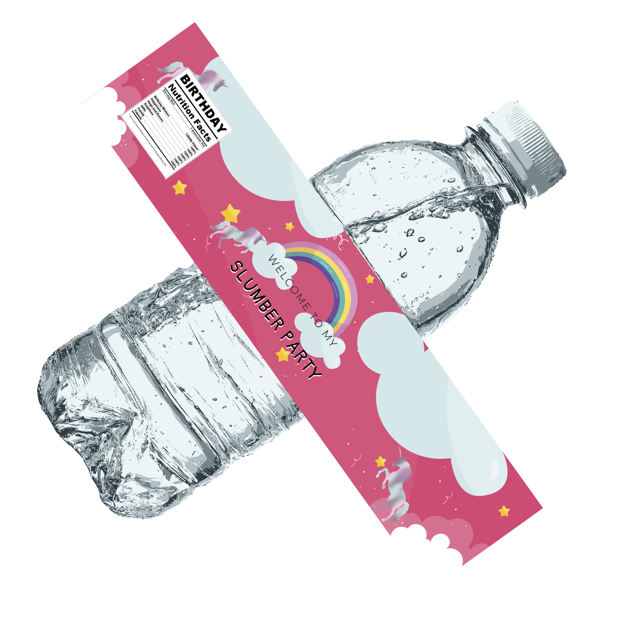 Welcome To My Slumber Party Water Bottle Labels |Glossy | 12ct| Durable| Cloud and Rainbows