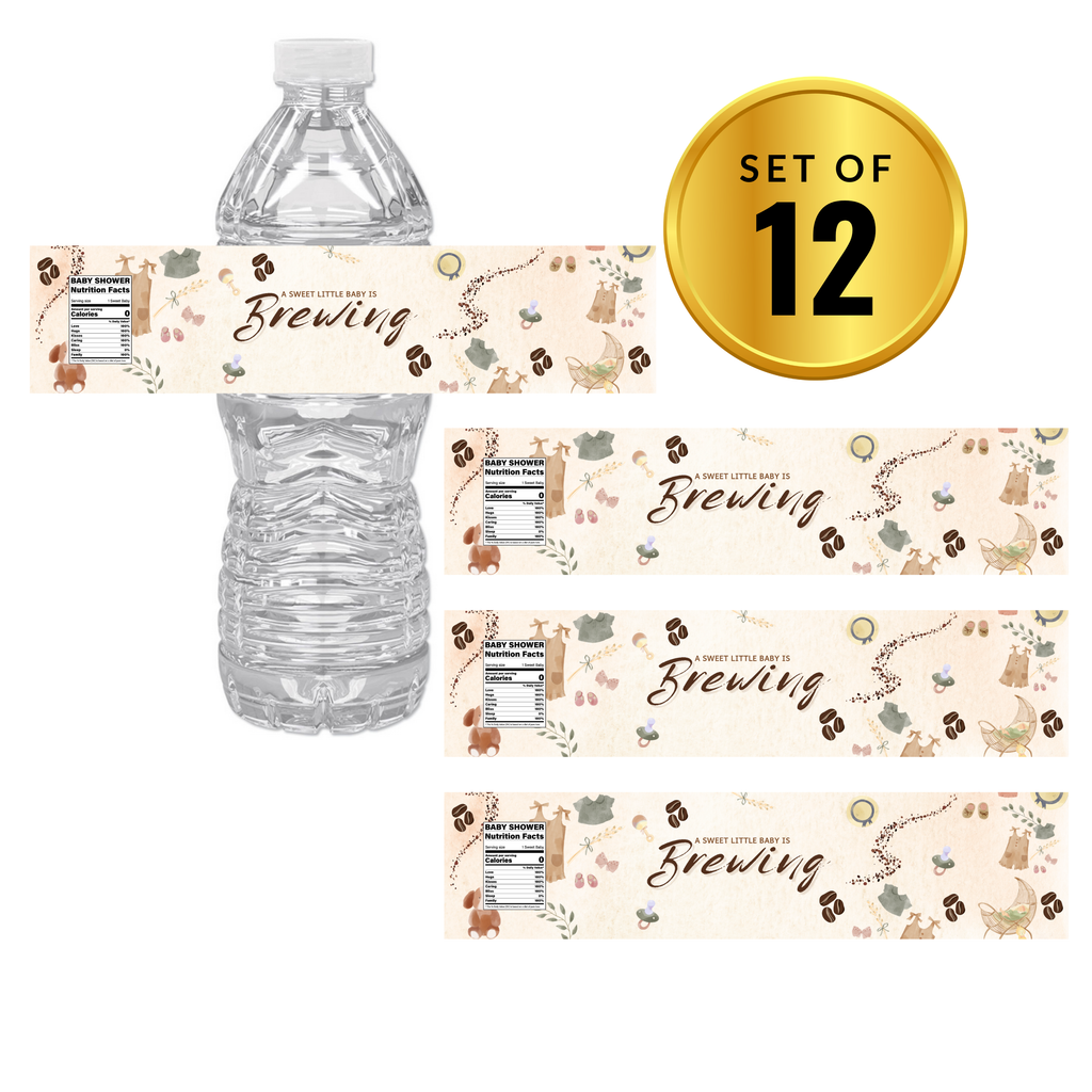 A Sweet Little Baby Is Brewing Water Bottle Labels | Coffee Bean Baby Shower Theme | Neutral Shower Decor | 12 PCS | Glossy