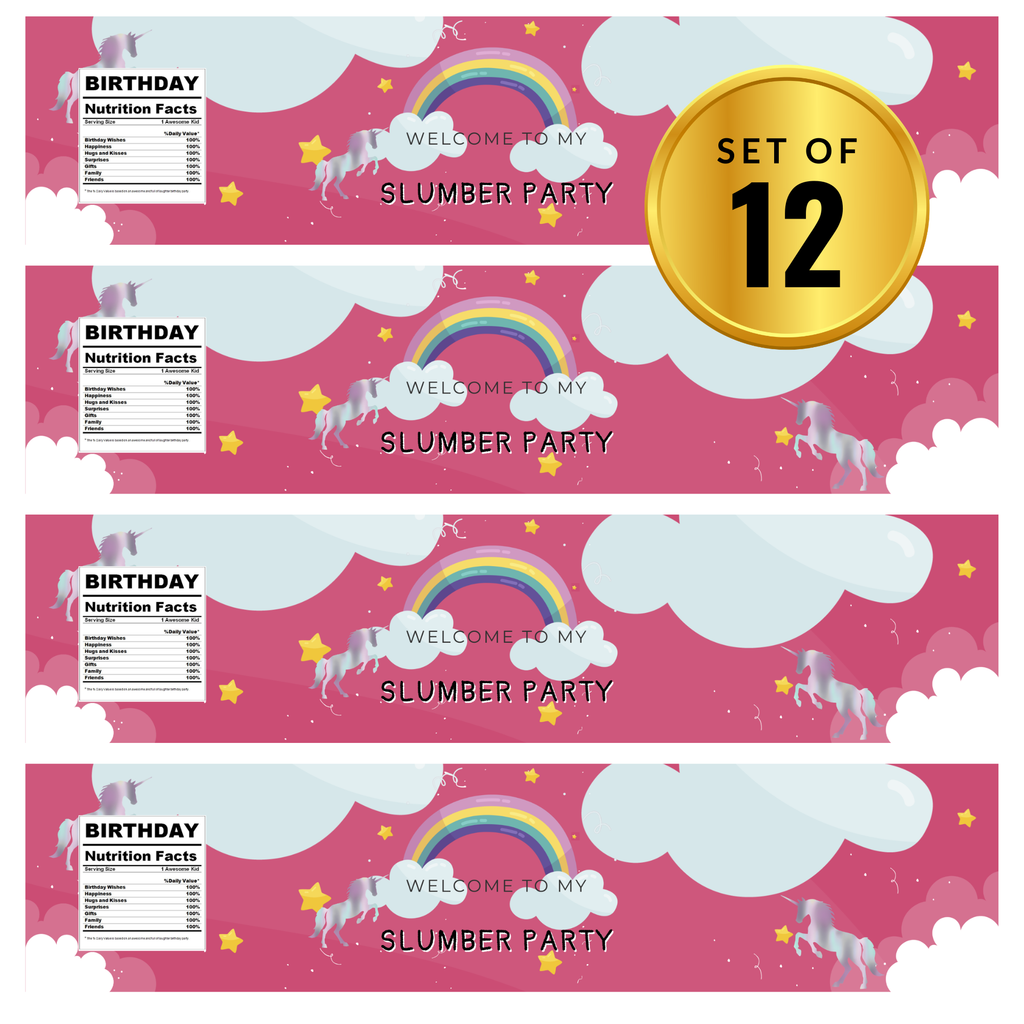 Welcome To My Slumber Party Water Bottle Labels |Glossy | 12ct| Durable| Cloud and Rainbows