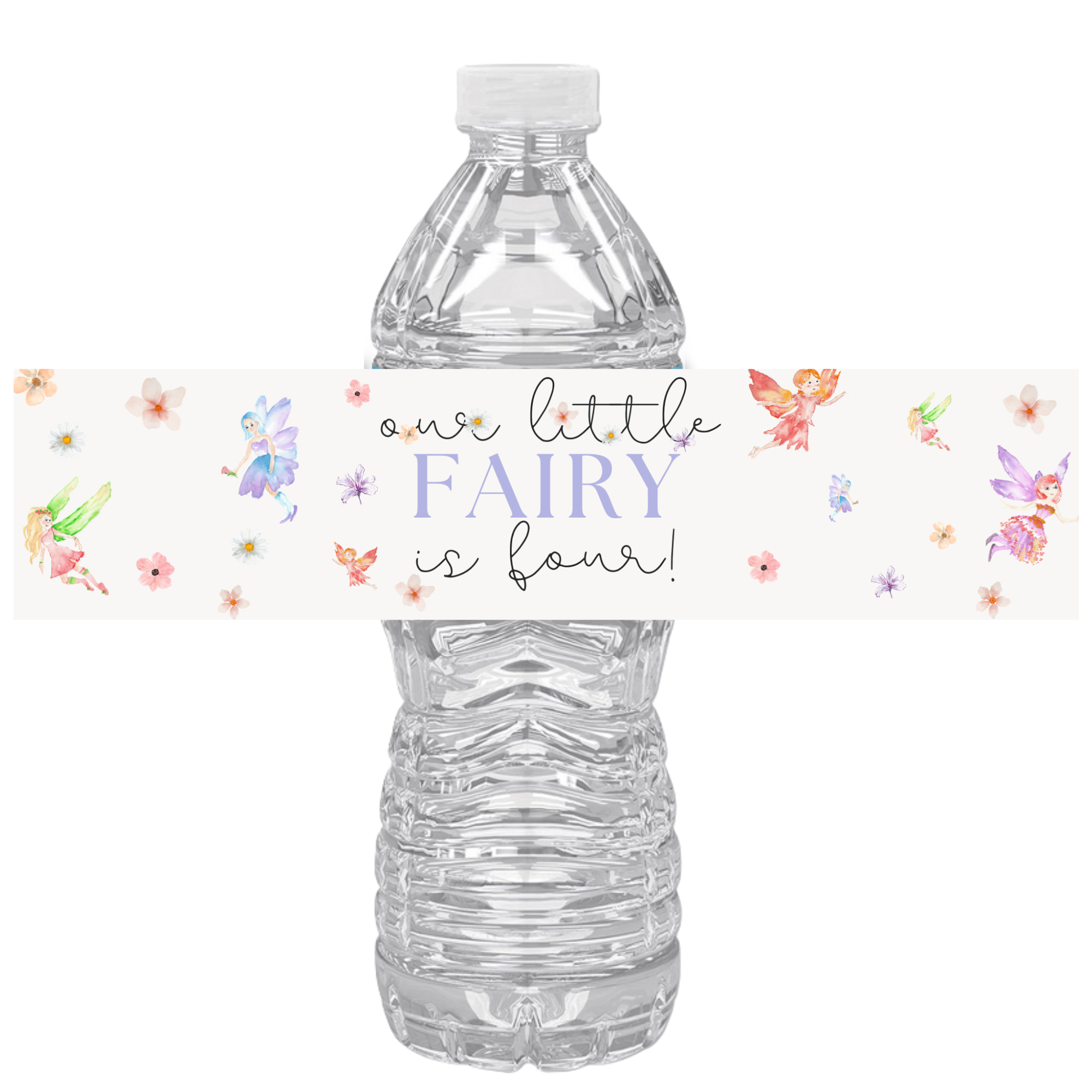 Our Little Fairy Is Four Water Bottle Labels| Glossy| 12pcs| Durable| Fairy Theme labels