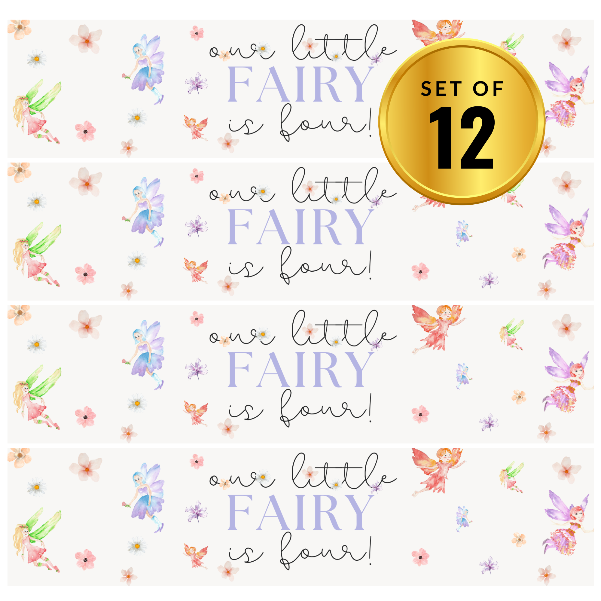 Our Little Fairy Is Four Water Bottle Labels| Glossy| 12pcs| Durable| Fairy Theme labels