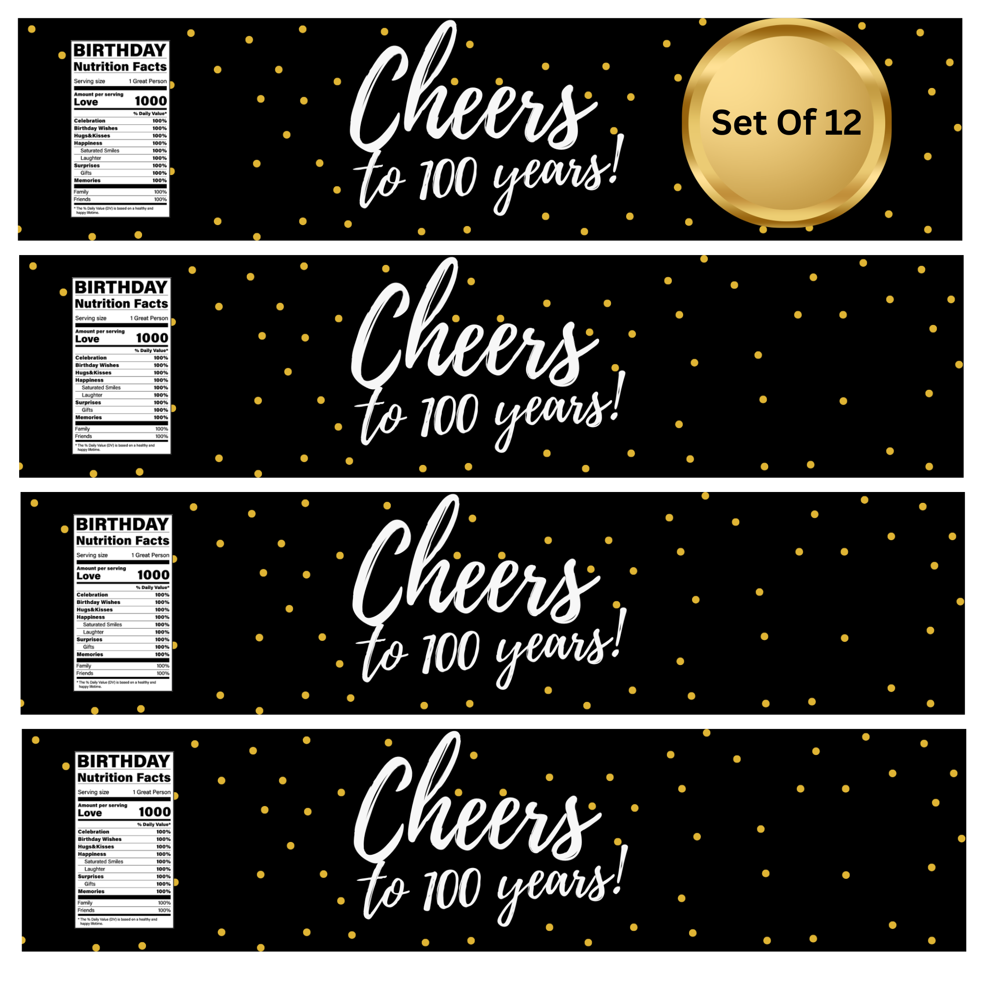 Cheers To 100 Years Birthday Party Water Bottle Labels | Milestone Celebration Decor | Birthday Drink Labels | Elegant Set of 12