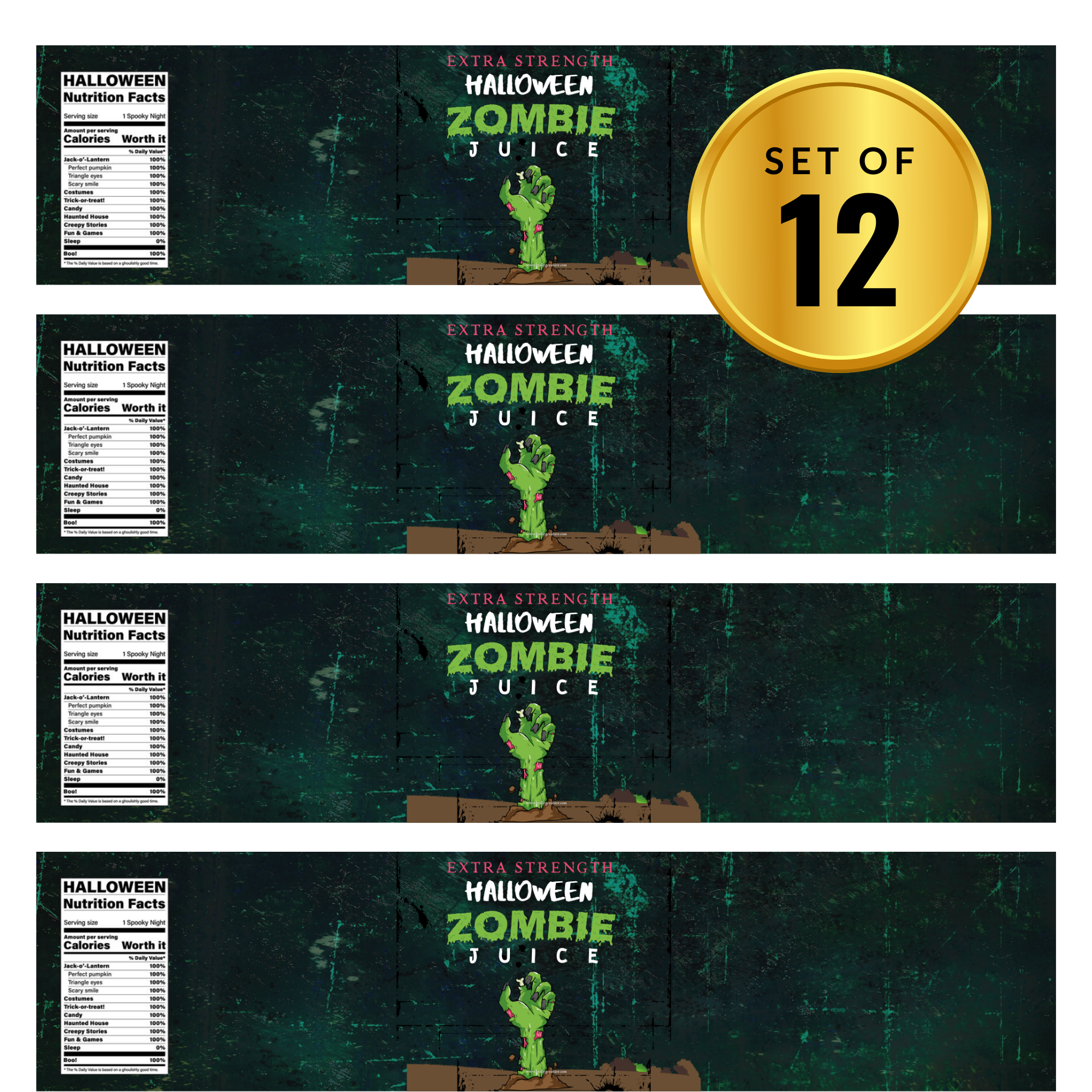 Halloween Zombie Juice Water Bottle Labels | Spooky Party Decor | Zombie Hand Rising from Ground Design | Set of 12