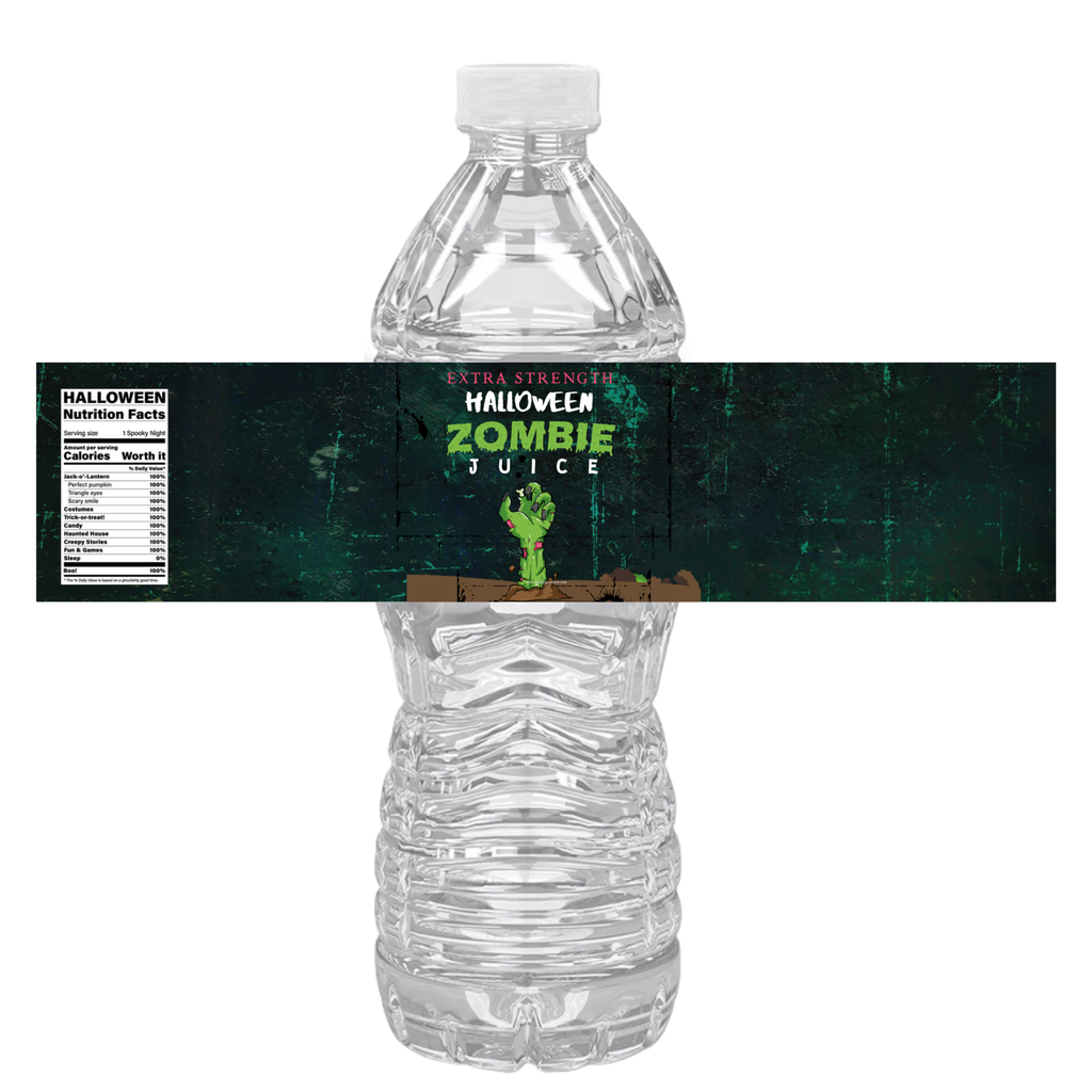 Halloween Zombie Juice Water Bottle Labels | Spooky Party Decor | Zombie Hand Rising from Ground Design | Set of 12
