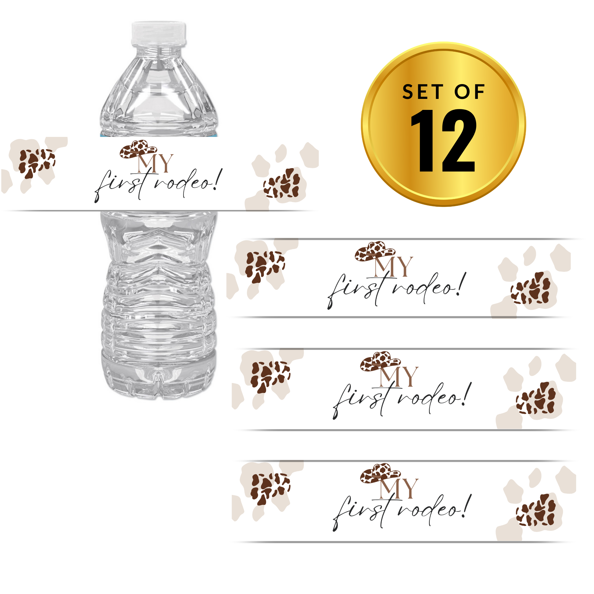 My First Rodeo Water Bottle Labels | Cowboy Western Design | 12 PCS | Glossy | Waterproof | Durable | Cow Print
