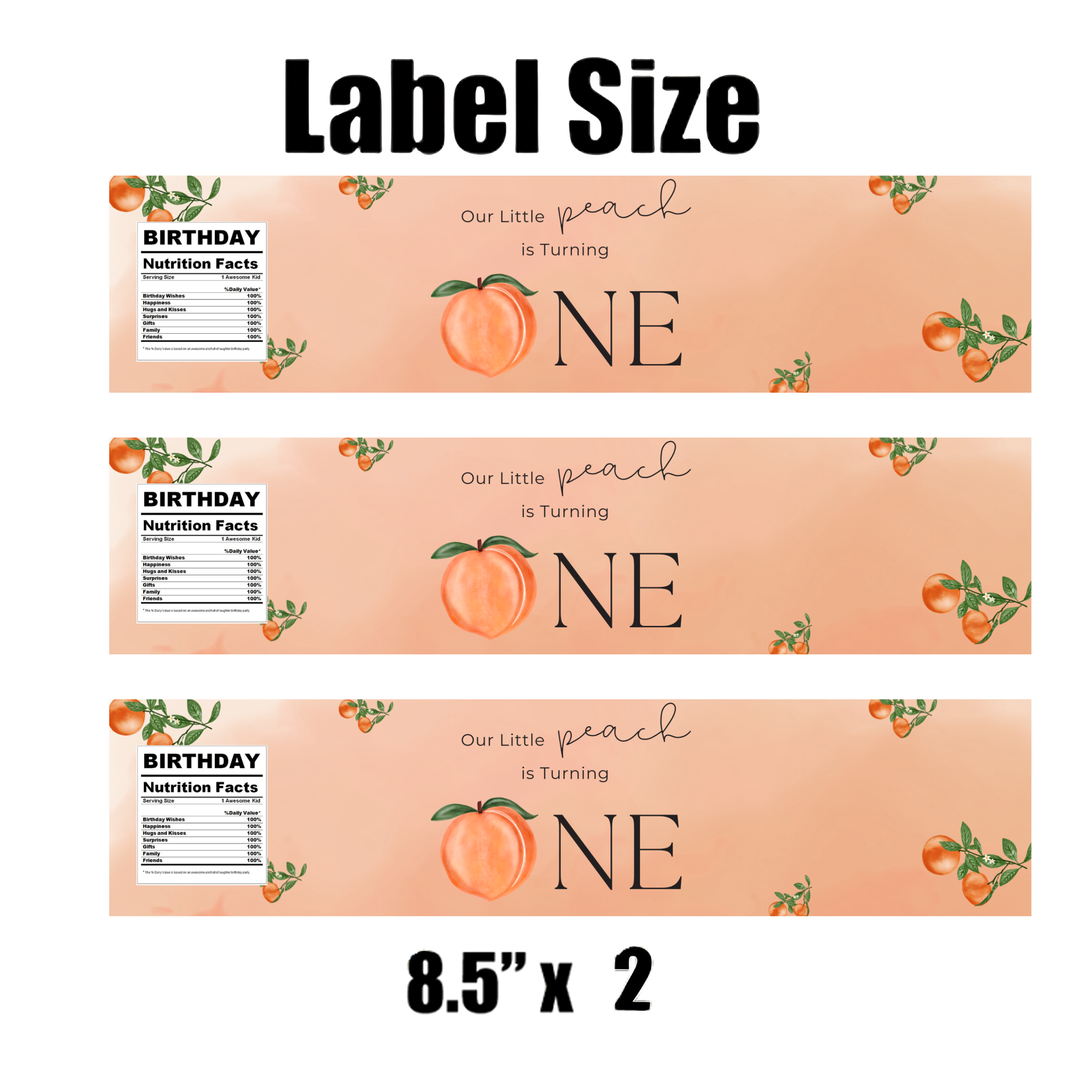 Our Little Peach Is Turning One Water Bottle Labels | 1st Birthday Peach Theme | Sweet Peach Design | 12 PCS | Glossy