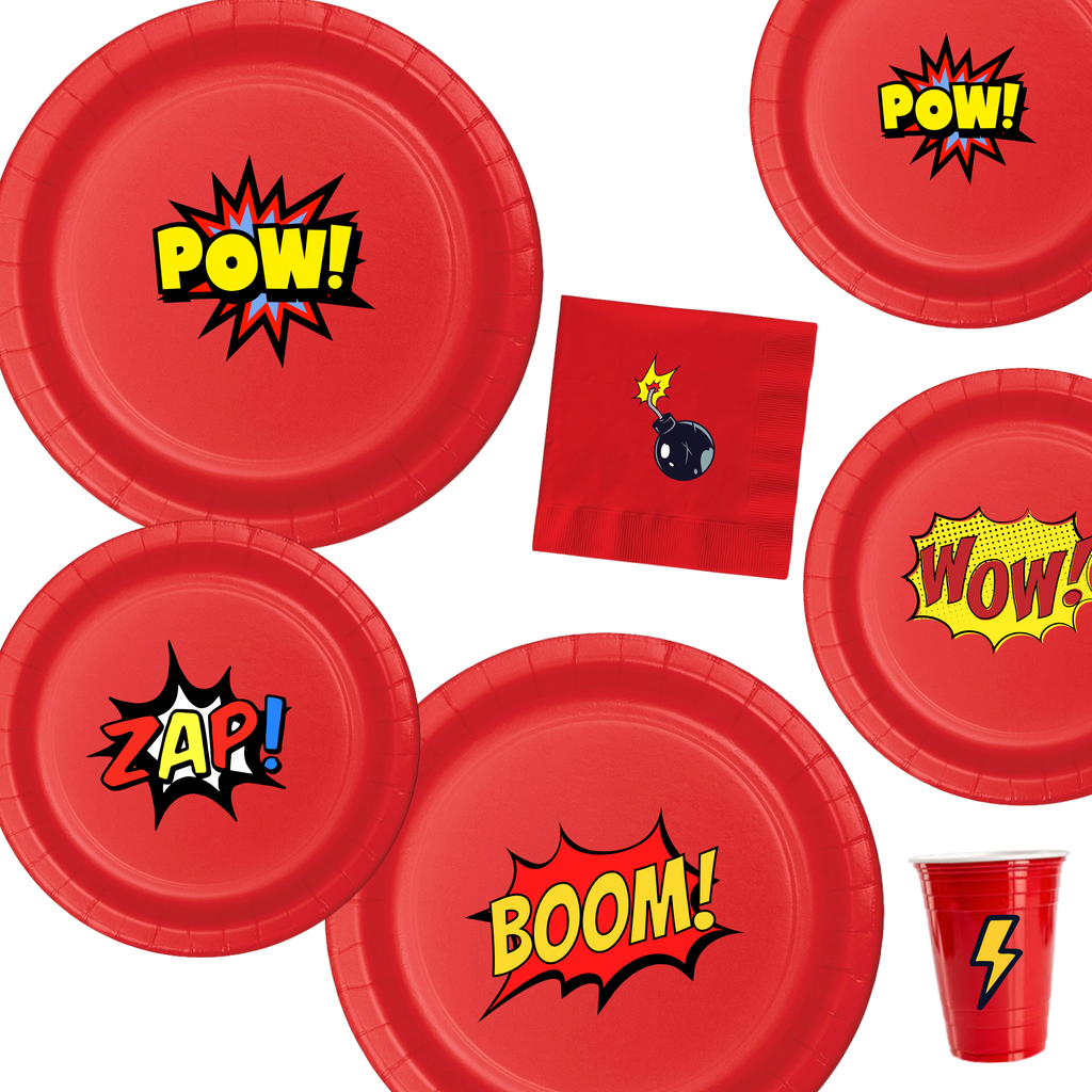Superhero Birthday Party | Disposable Plates Set | Comic Book Theme | Boom Zap Pow Wow | Matching Party Supplies