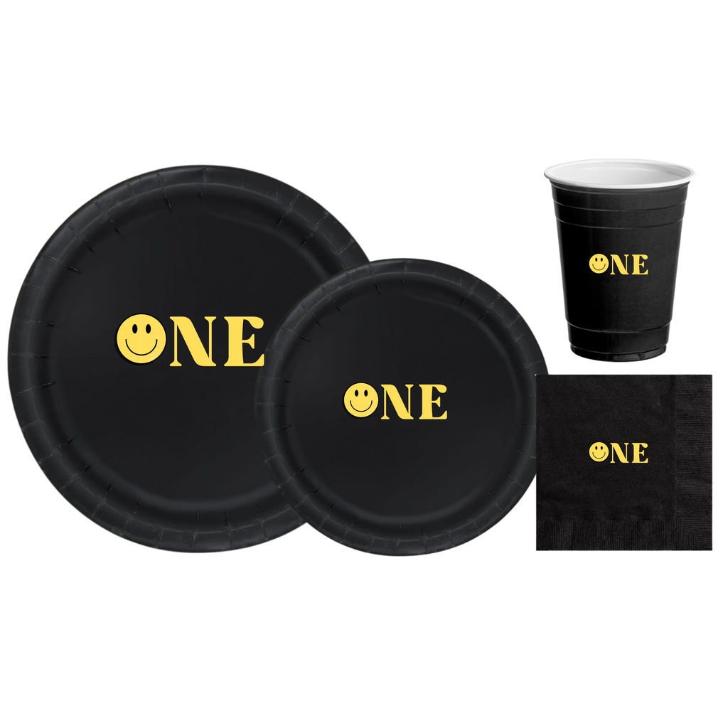 One First Birthday Tableware Set | Black Plates with Yellow Smiley Face | 1st Birthday Party Plates Cups & Napkins | 60 Piece