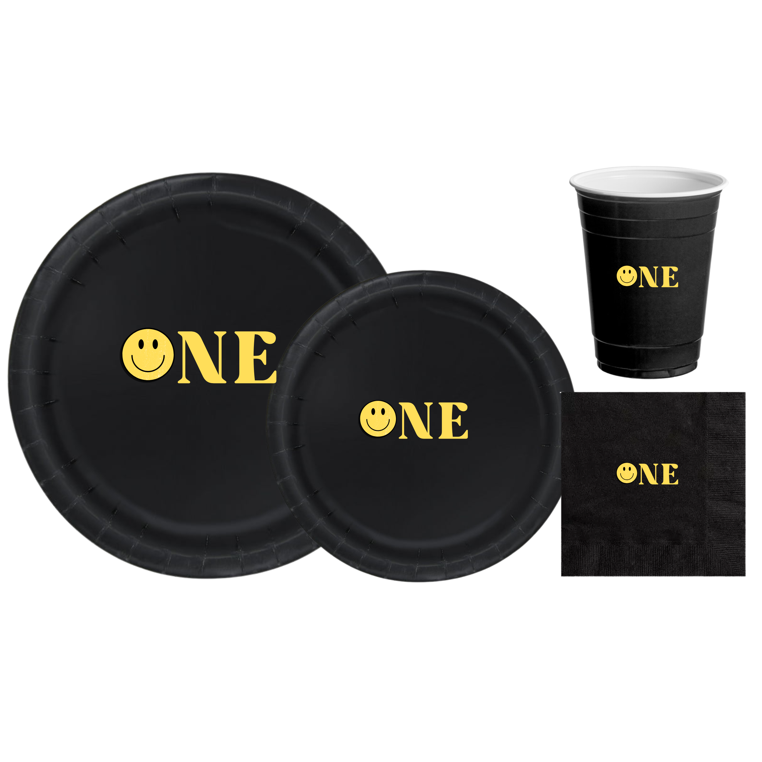 One First Birthday Tableware Set | Black Plates with Yellow Smiley Face | 1st Birthday Party Plates Cups & Napkins | 60 Piece