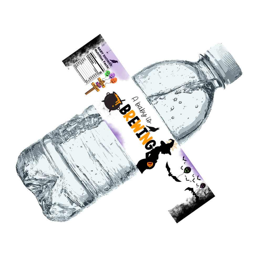 A Baby Is Brewing Halloween Baby Shower Water Bottle Labels |Set of 12| Glossy| Spooky Theme