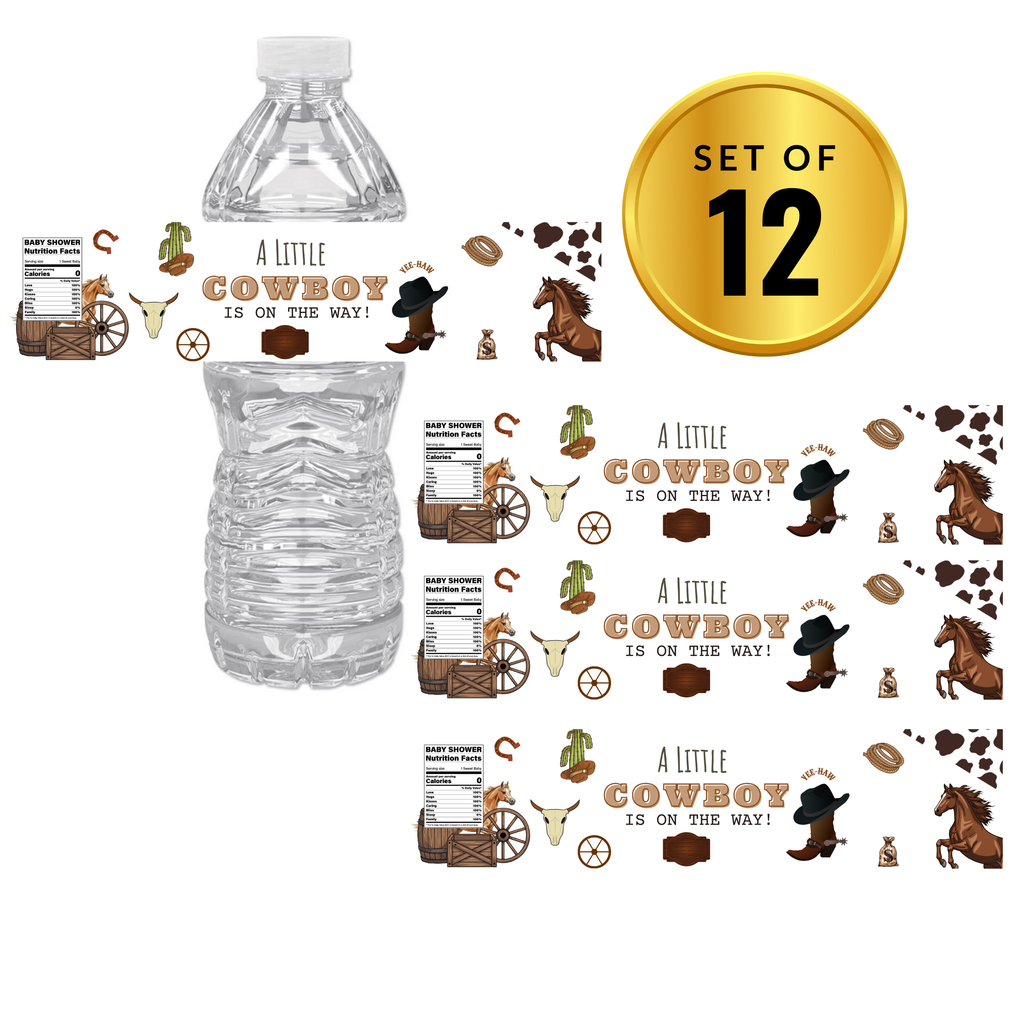 Our Little Cowboy Is On The Way Water Bottle Labels | Baby Cowboy Shower Theme | Boots Hats Horses Design | 12 PCS