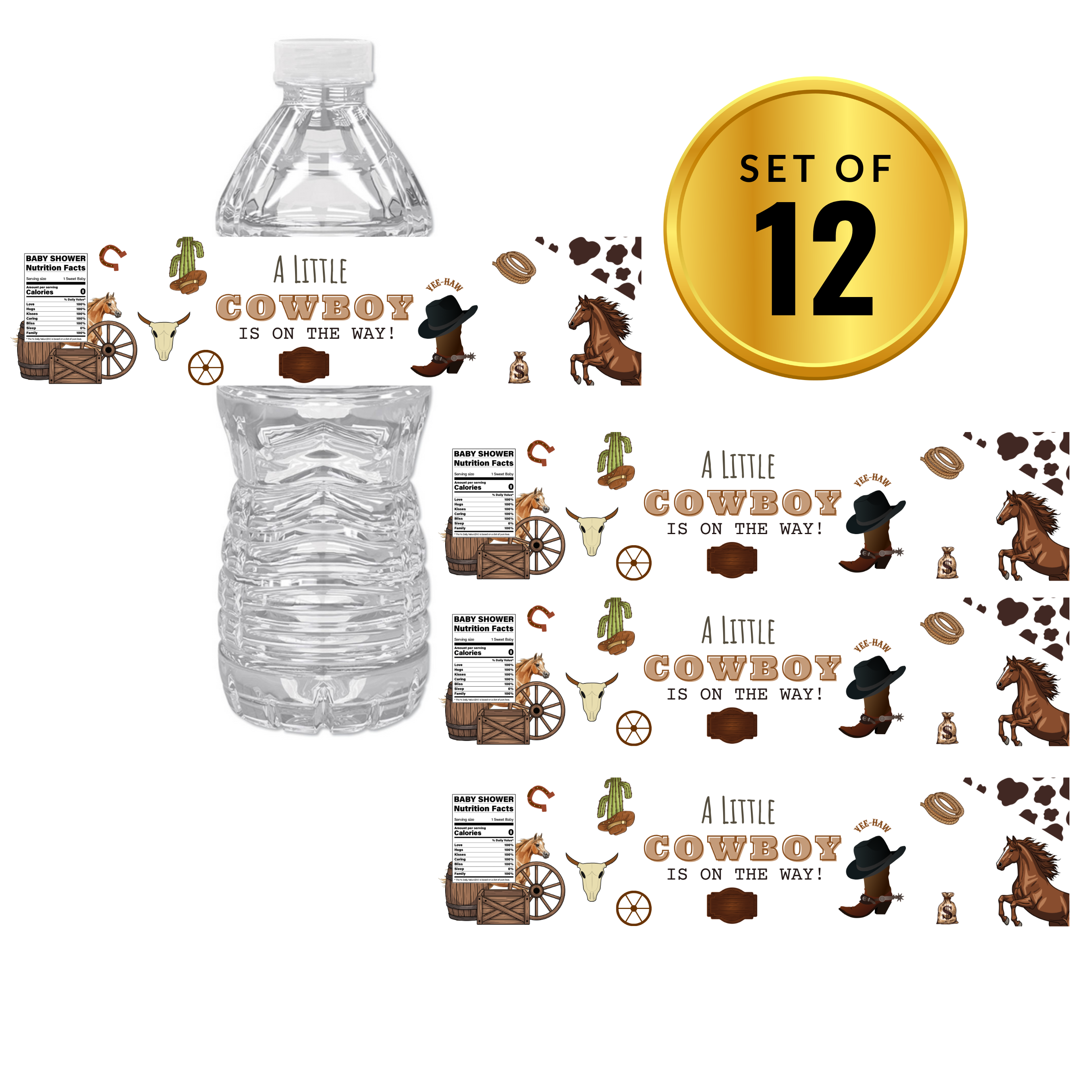 Our Little Cowboy Is On The Way Water Bottle Labels | Baby Cowboy Shower Theme | Boots Hats Horses Design | 12 PCS