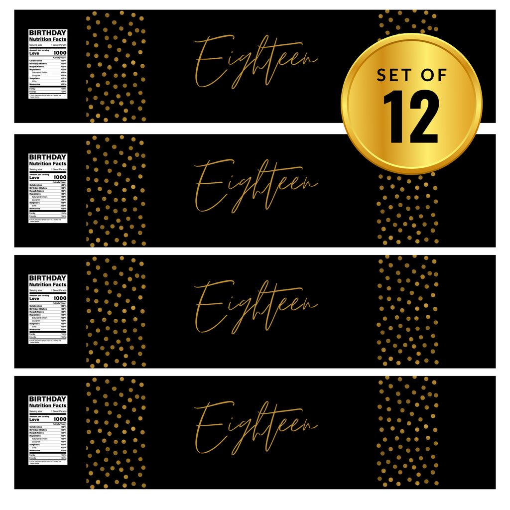 Eighteen Birthday Water Bottle Labels | Set Of 12 |  Elegant Design | Milestone Favors