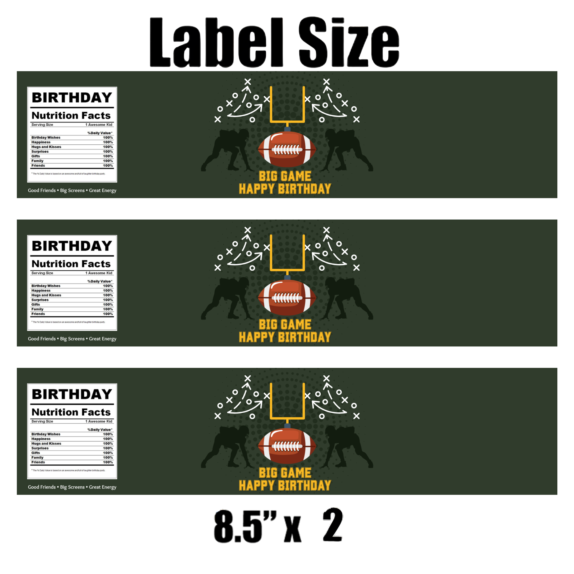 Football Birthday Water Bottle Labels | Big Game Happy Birthday| Football Field Design| 12pcs