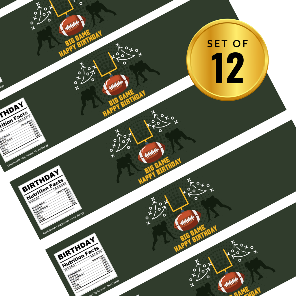 Football Birthday Water Bottle Labels | Big Game Happy Birthday| Football Field Design| 12pcs